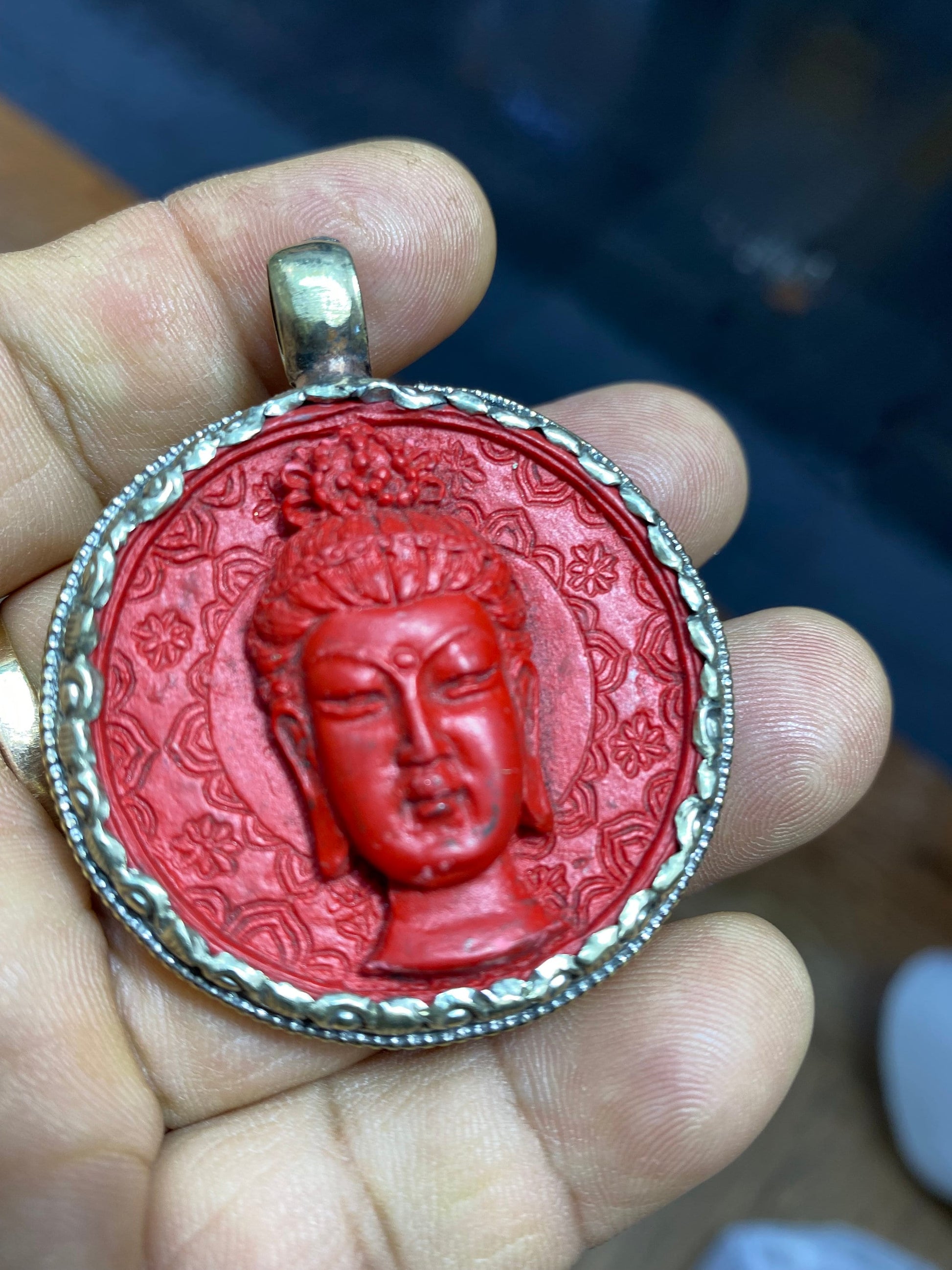 Hand Carved Cinnabar Buddha Pendant: Tibetan Silver Amulet