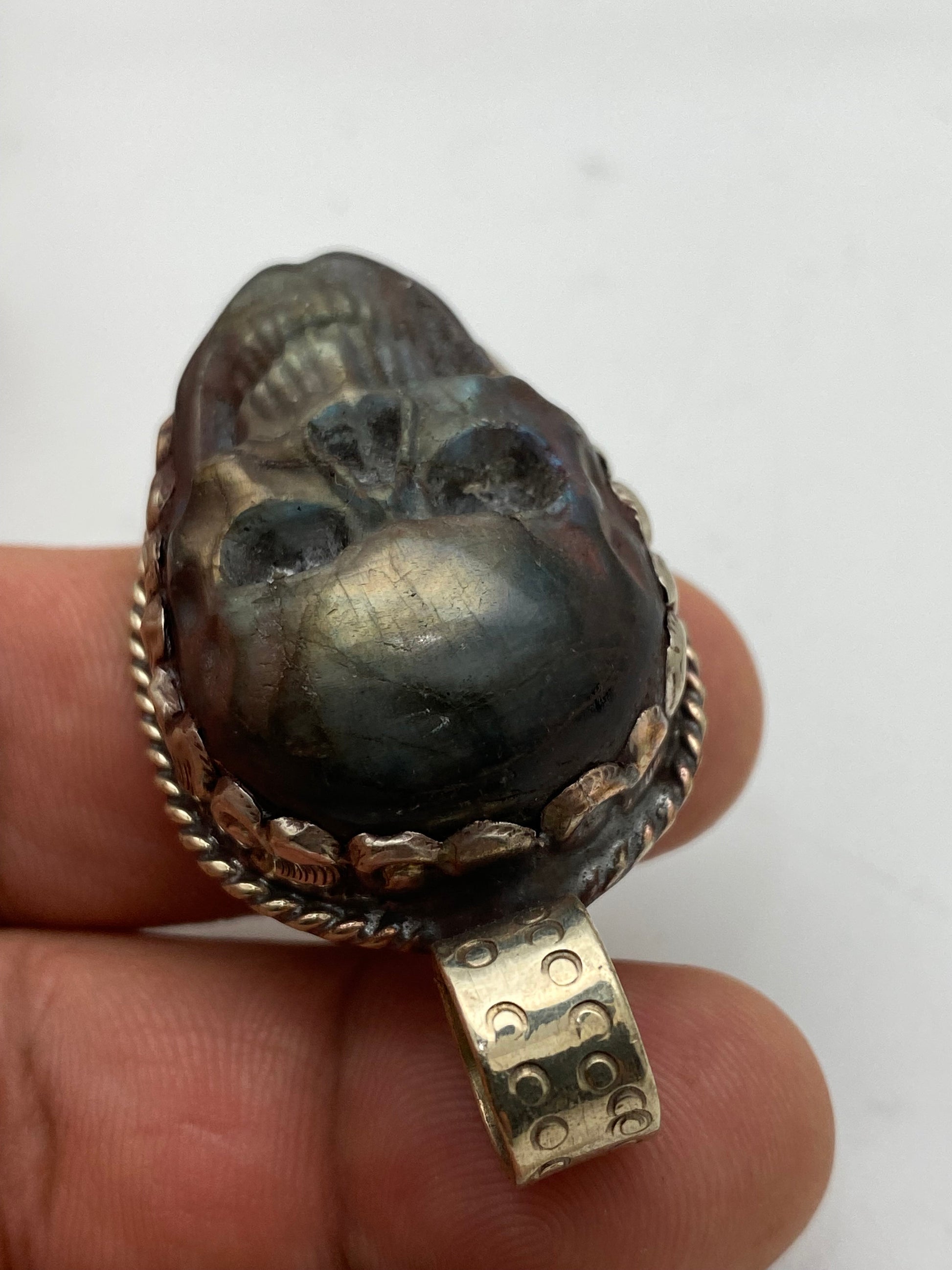 labradorite carved large skull pendant ,handcrafted, hand carved, ethnic design, tibetan design, tibetan silver,Himalayan,Nepalese