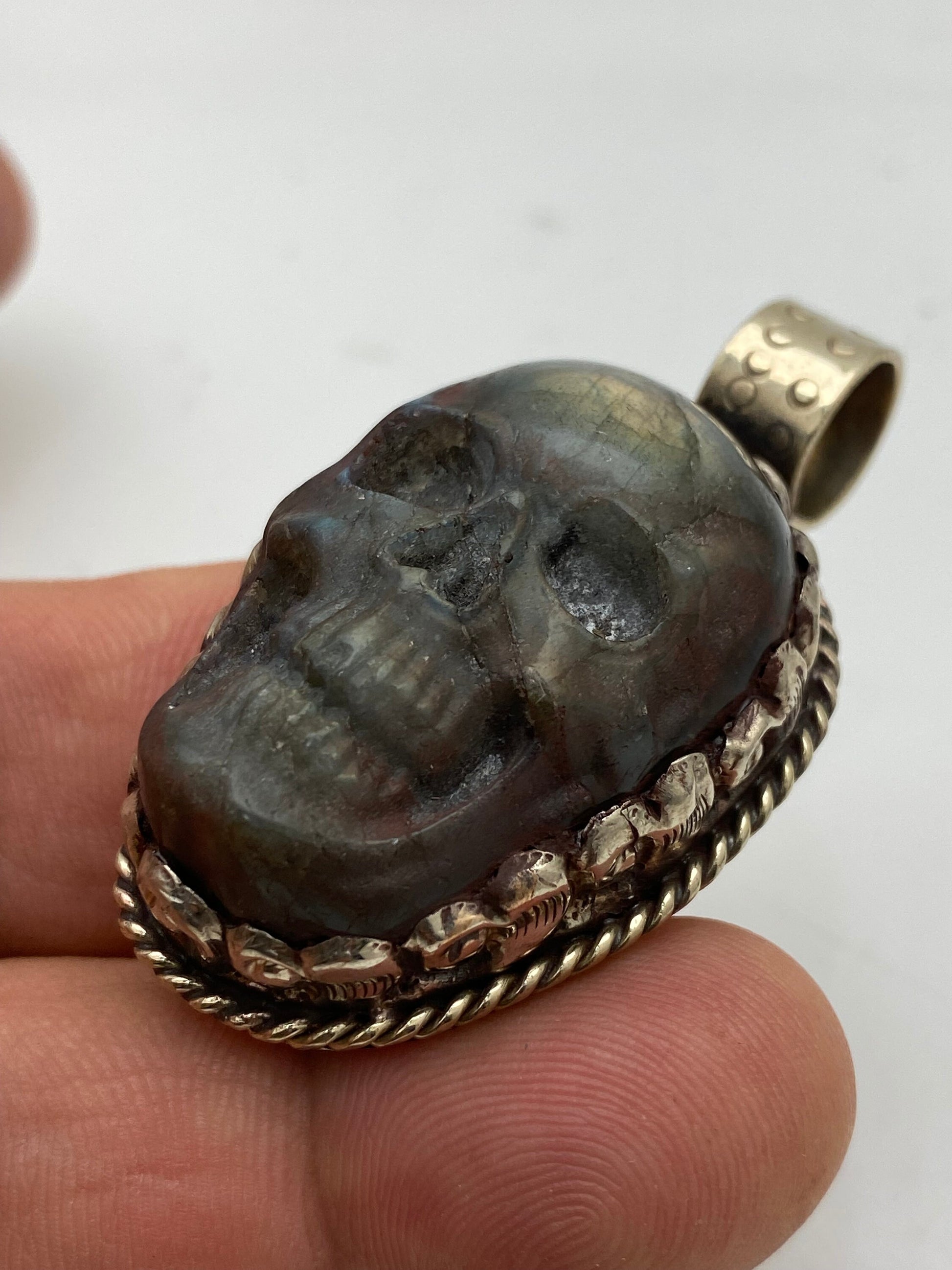 labradorite carved large skull pendant ,handcrafted, hand carved, ethnic design, tibetan design, tibetan silver,Himalayan,Nepalese