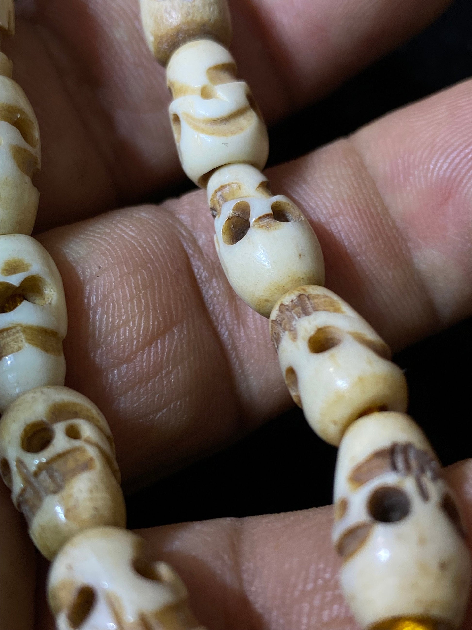 wrist mala,bracelet,bone carved skull, hand crafted, water buffalo bone