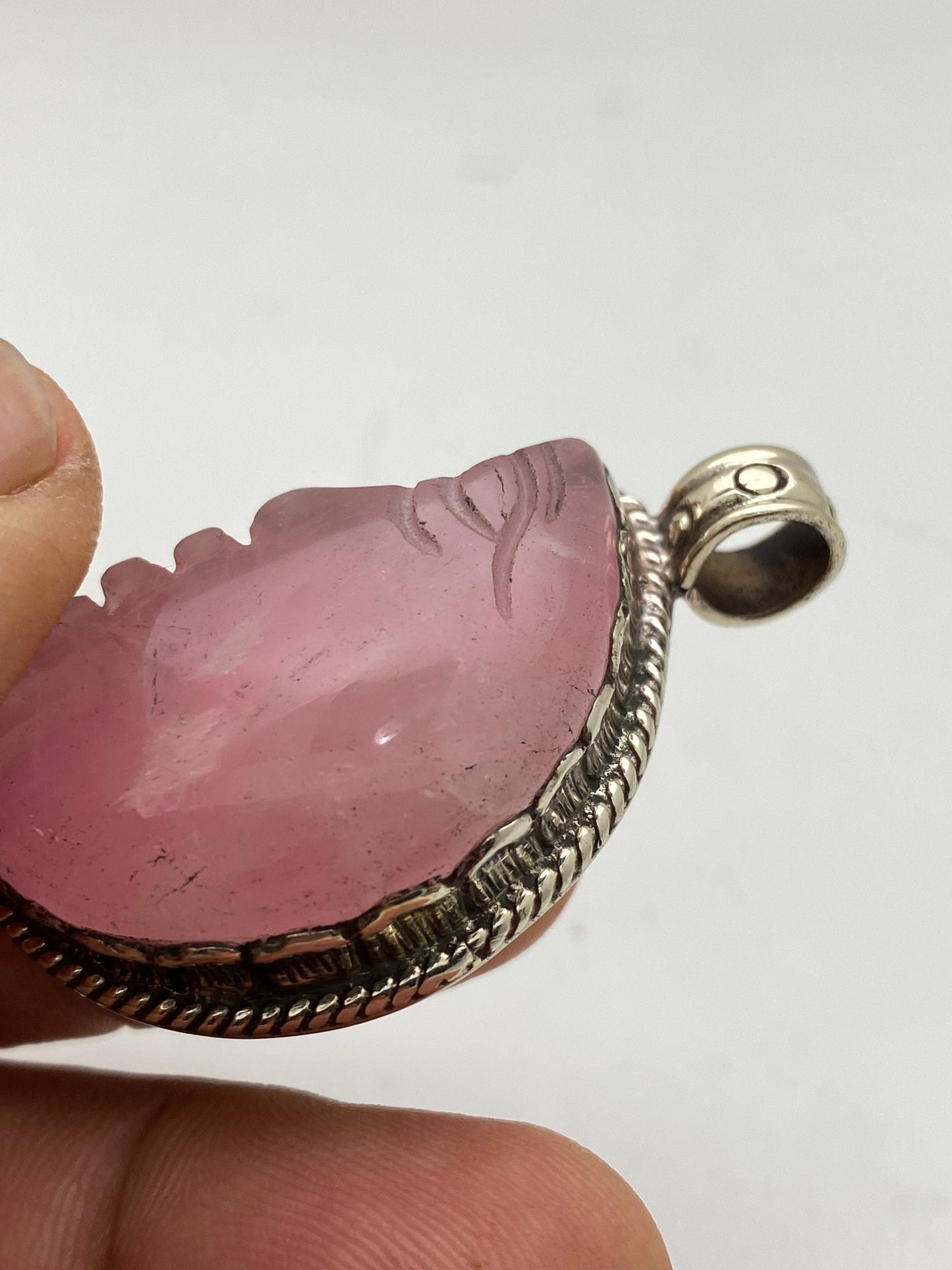 moon pendant, half moon, rose quartz, hand carved, hand crafted, tibetan silver,Himalyan,Nepalese