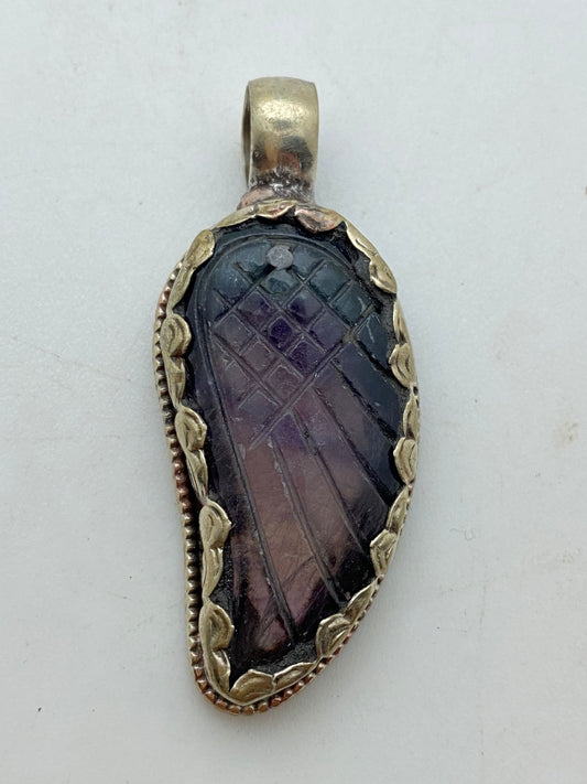 Fluorite wing pendant, hand carved, hand crafted,tibetan silver,Himalayan,nepalese