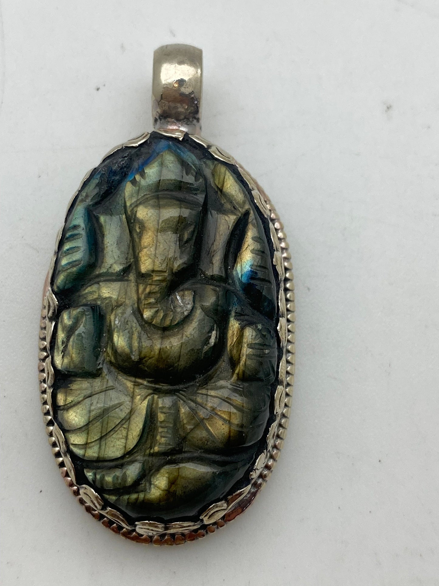 labradorite carved Ganesh pendant, hand carved, tibetansilver,handcrafted, Himalayan, Nepalese, amulet, prosperity ,lucky charm,spiritual