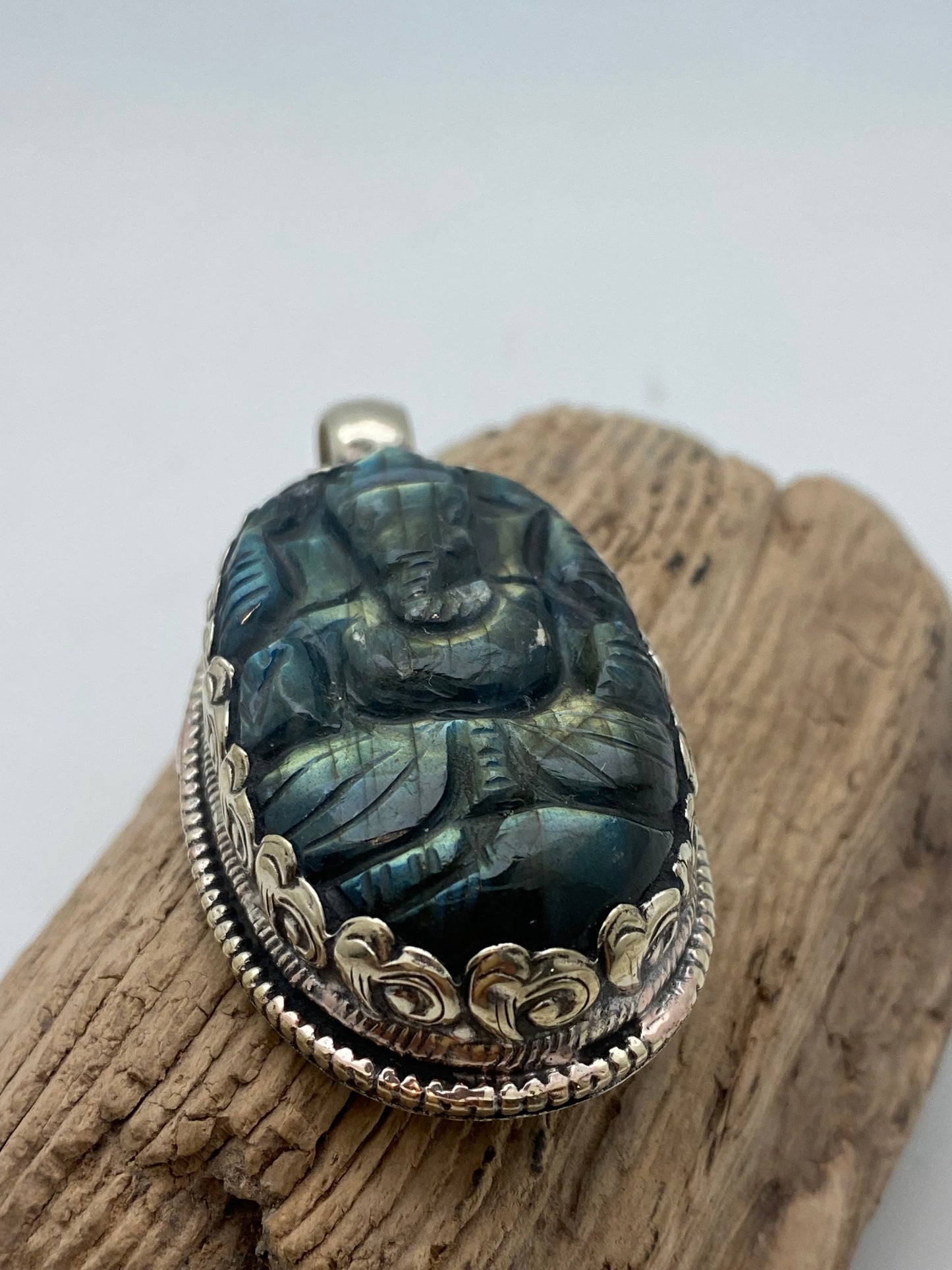labradorite carved Ganesh pendant, hand carved, tibetansilver,handcrafted, Himalayan, Nepalese, amulet, prosperity ,lucky charm,spiritual