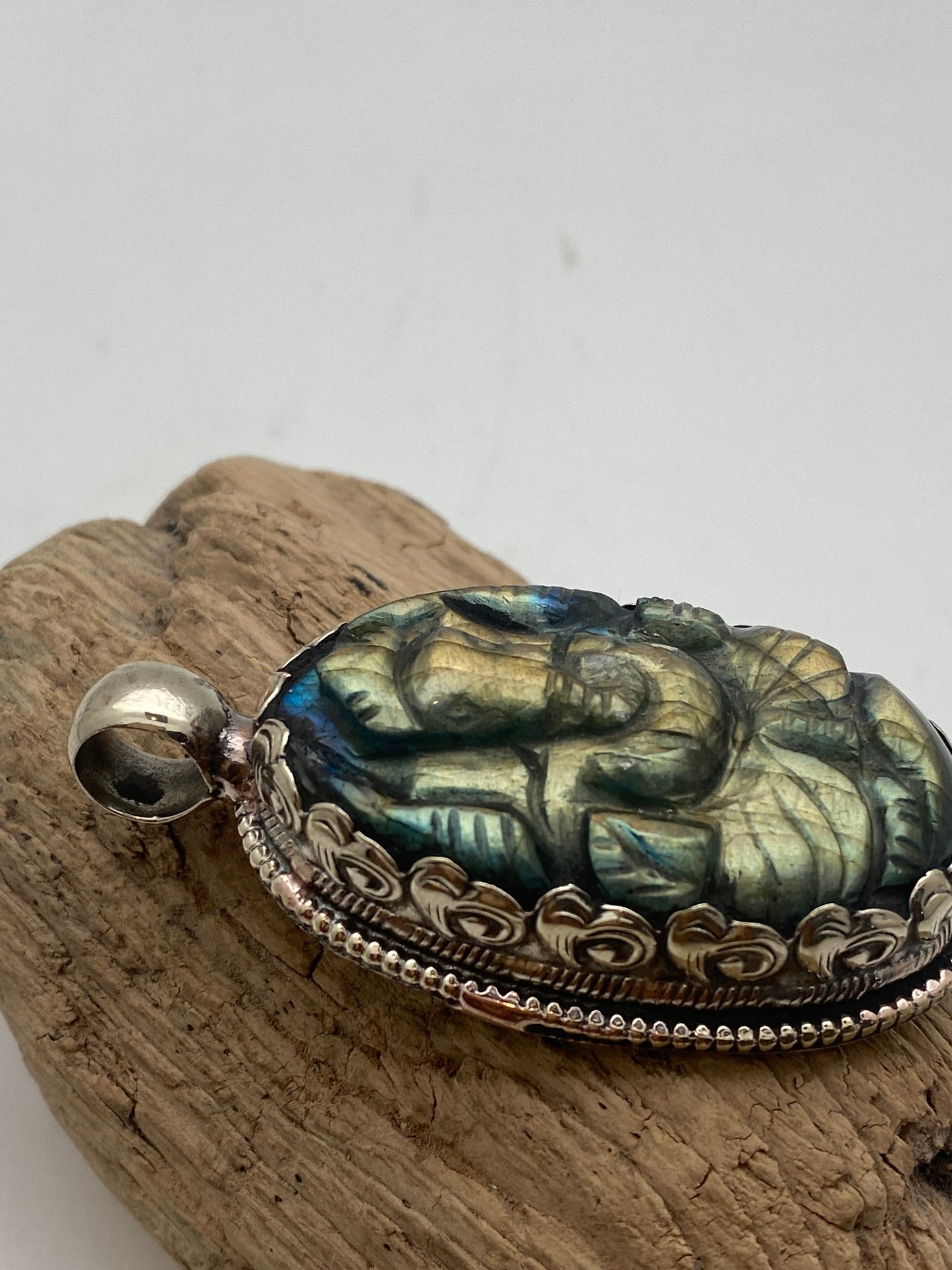 labradorite carved Ganesh pendant, hand carved, tibetansilver,handcrafted, Himalayan, Nepalese, amulet, prosperity ,lucky charm,spiritual
