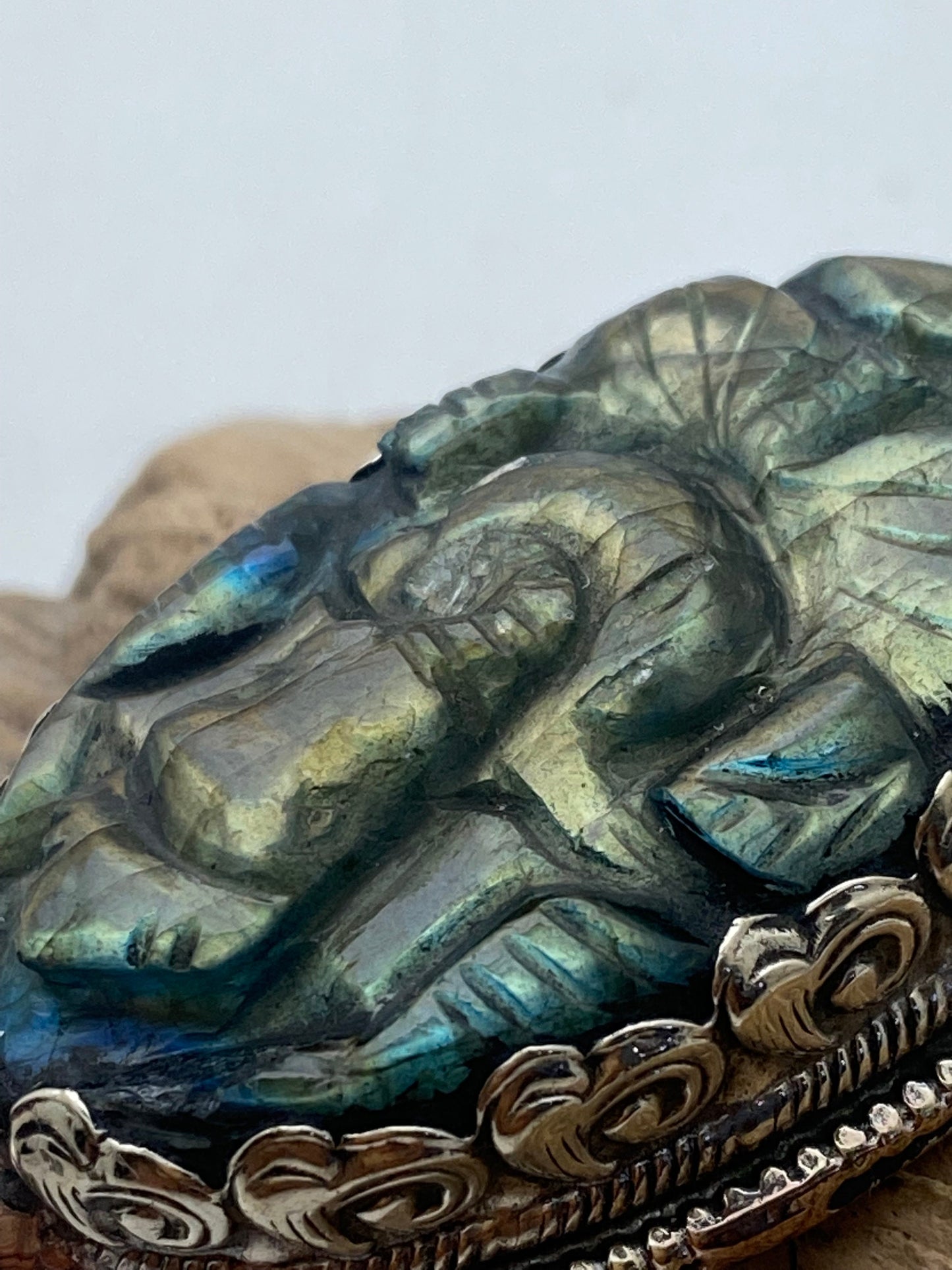 labradorite carved Ganesh pendant, hand carved, tibetansilver,handcrafted, Himalayan, Nepalese, amulet, prosperity ,lucky charm,spiritual