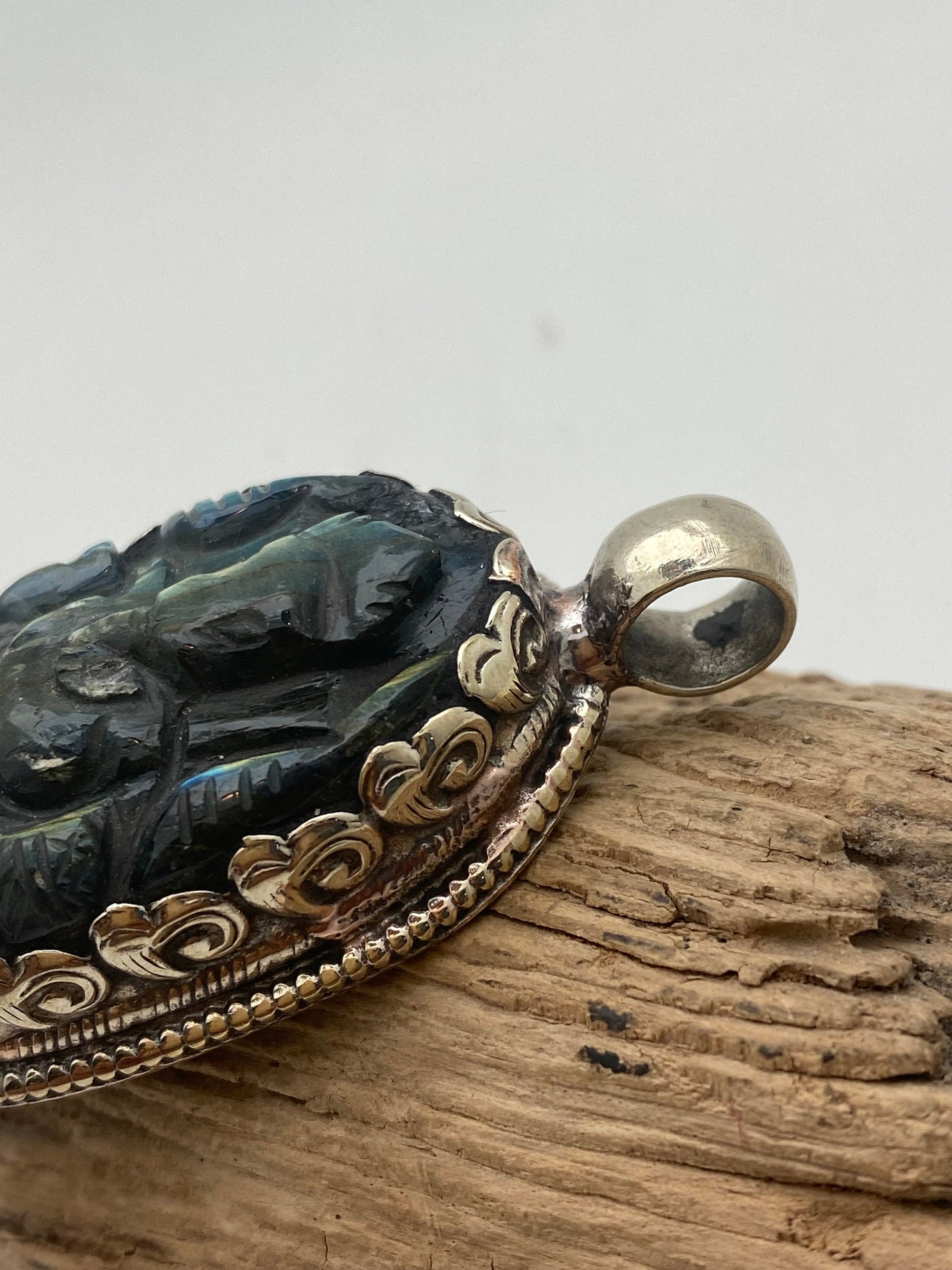 labradorite carved Ganesh pendant, hand carved, tibetansilver,handcrafted, Himalayan, Nepalese, amulet, prosperity ,lucky charm,spiritual