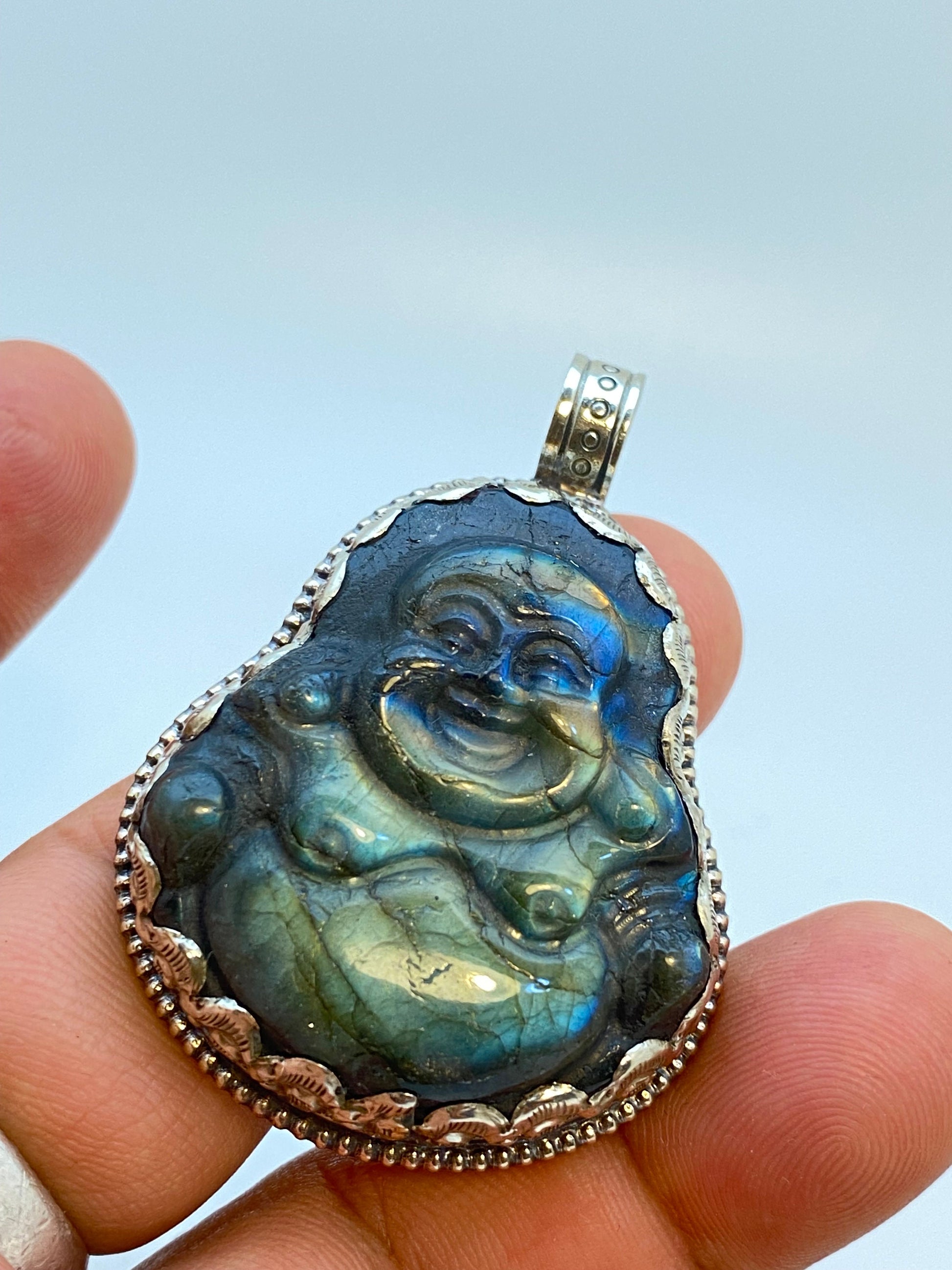 Handcrafted Labradorite Laughing Buddha Pendant: Tibetan Silver Design
