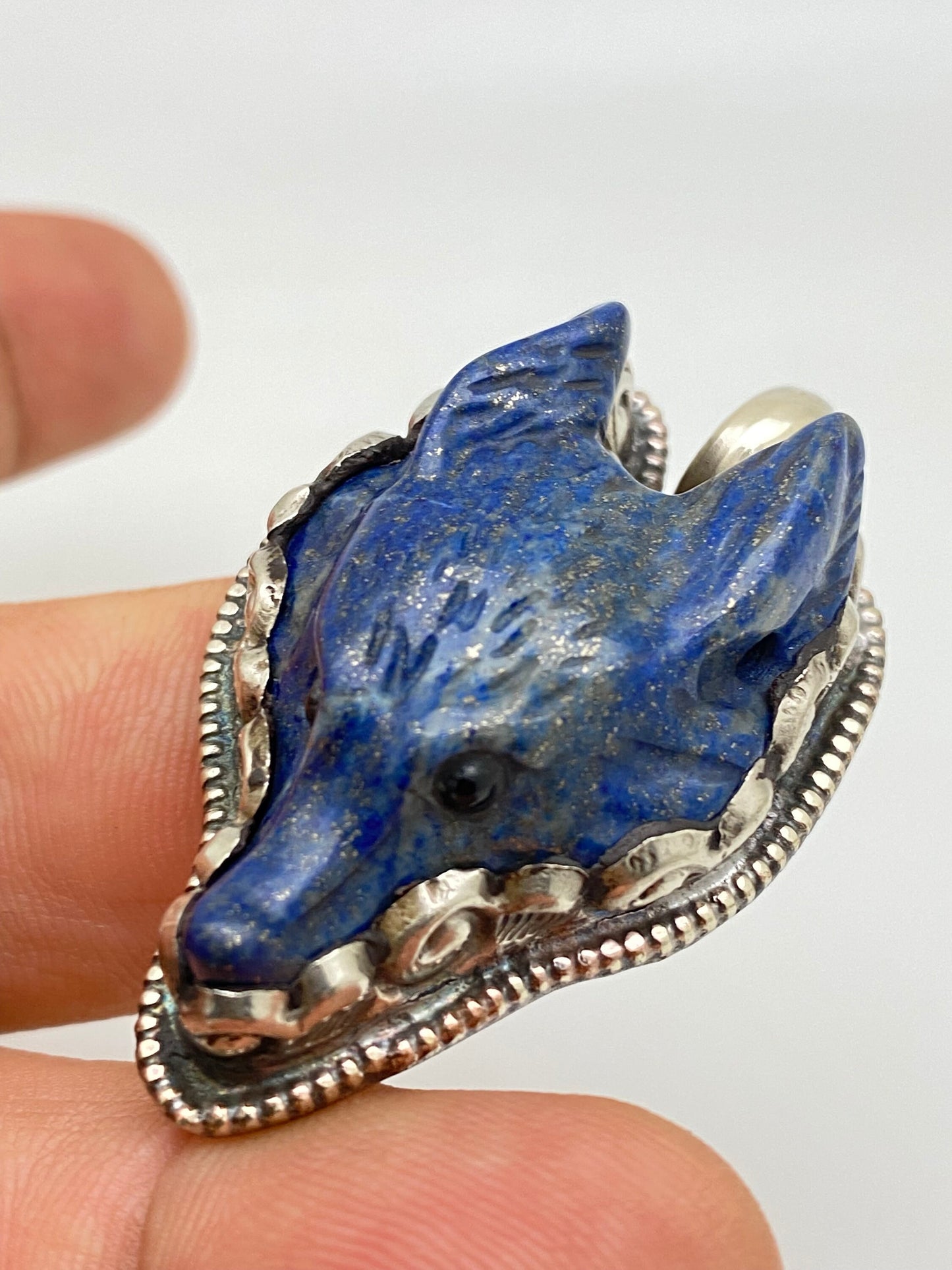 Lapis lazuli carved fox pendant, handcrafted,tibetan silver ,animal pendant, handcarved, tibetan silver,Himalayn,Nepalese