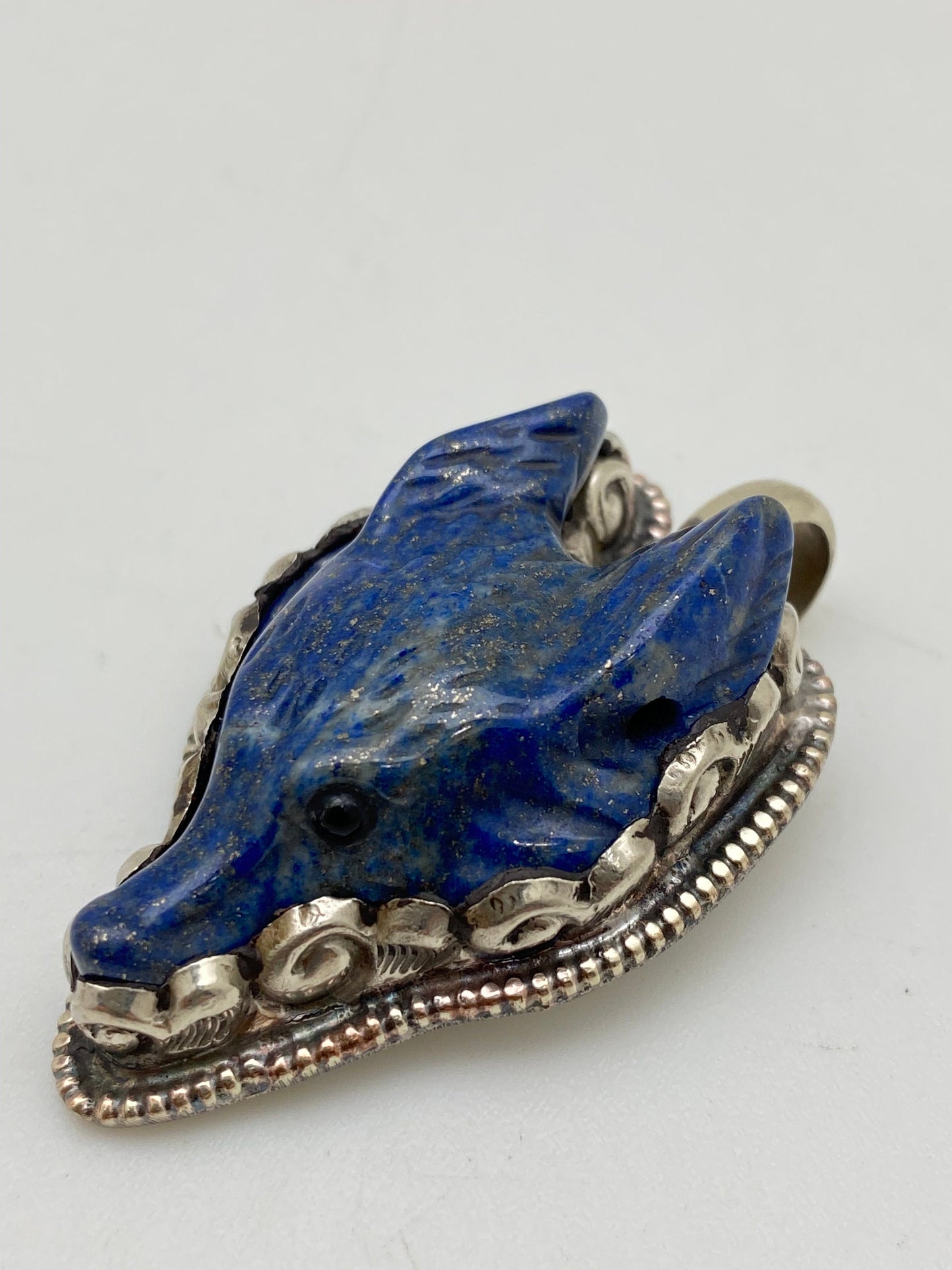 Lapis lazuli carved fox pendant, handcrafted,tibetan silver ,animal pendant, handcarved, tibetan silver,Himalayn,Nepalese