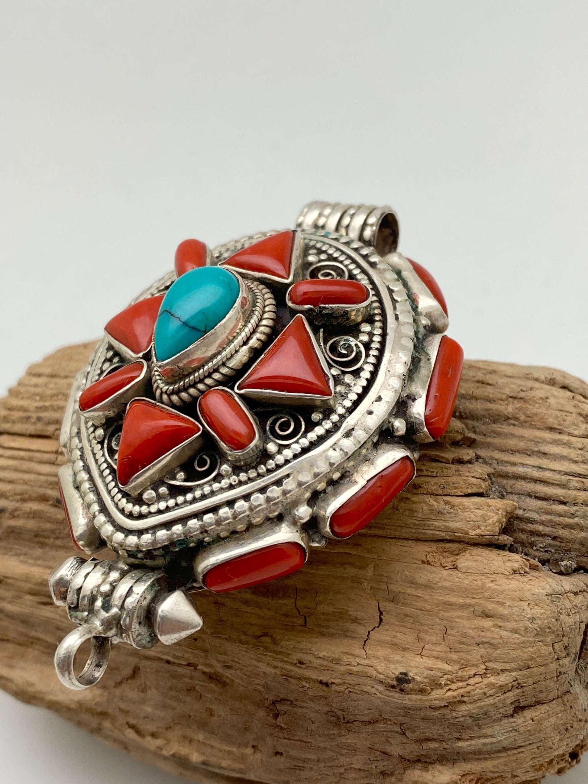 Coral & Turquoise Ghau Pendant: Handcrafted Sterling Silver Tibetan Prayer Box