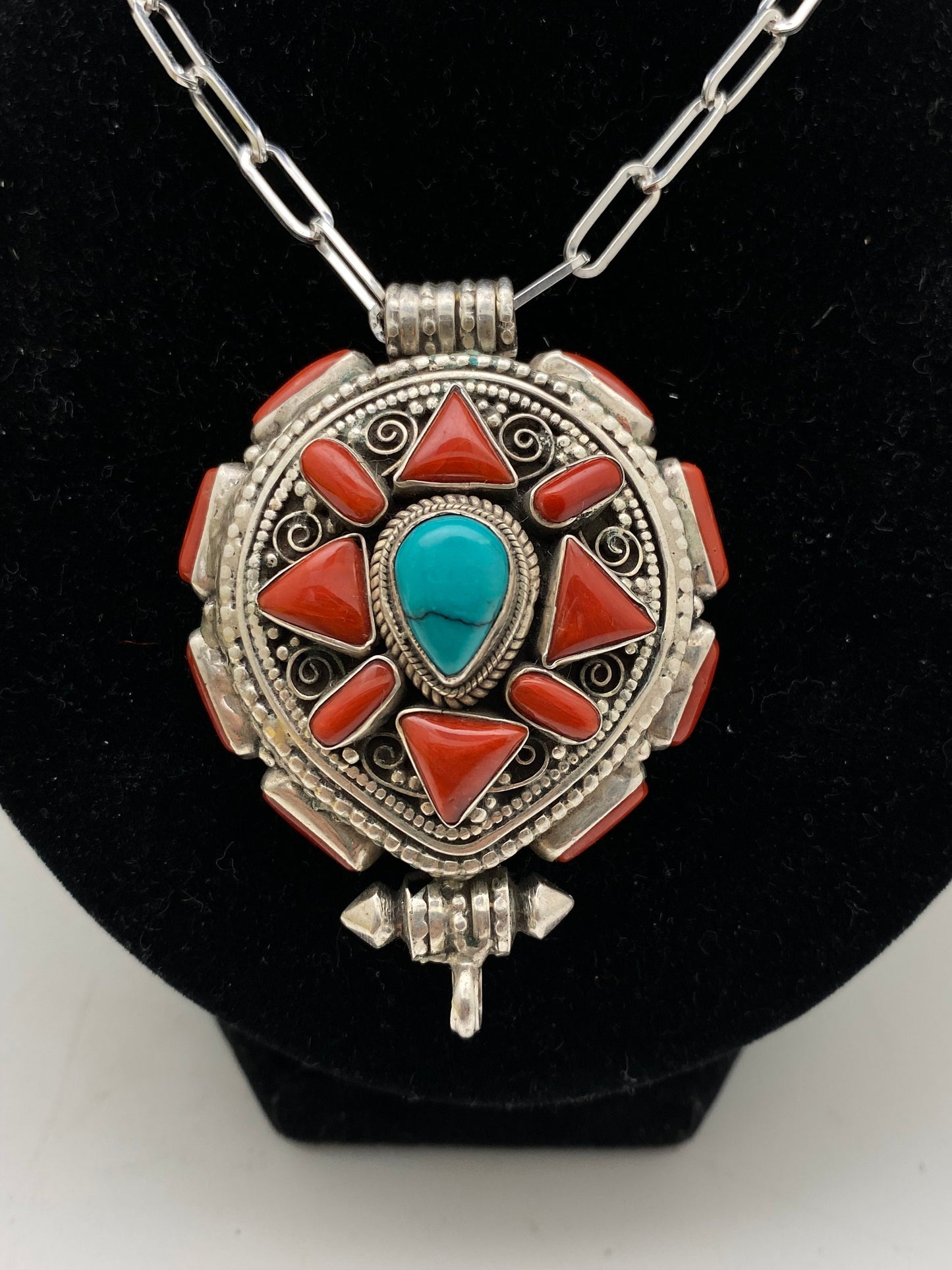 Coral & Turquoise Ghau Pendant: Handcrafted Sterling Silver Tibetan Prayer Box