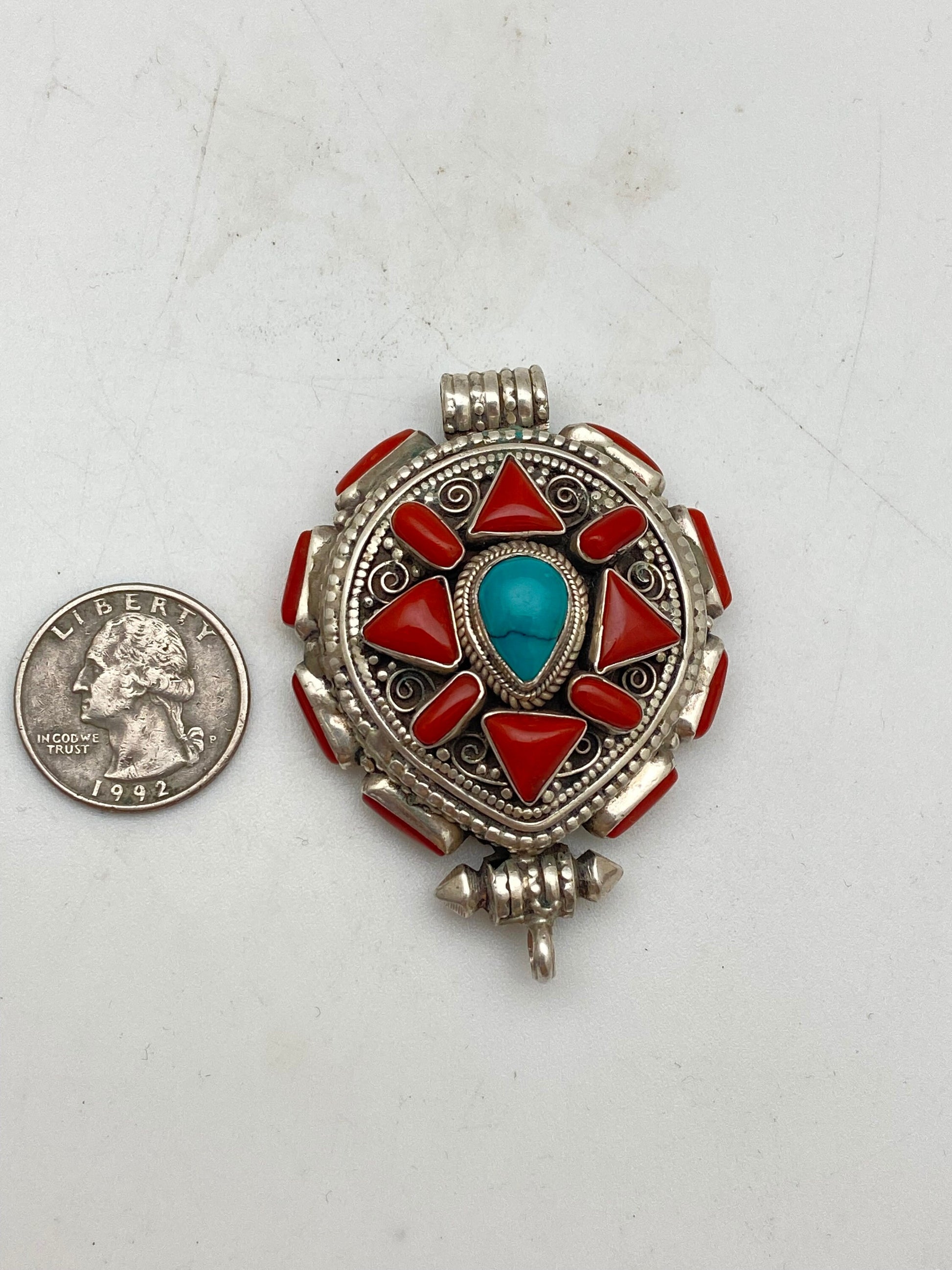 Coral & Turquoise Ghau Pendant: Handcrafted Sterling Silver Tibetan Prayer Box