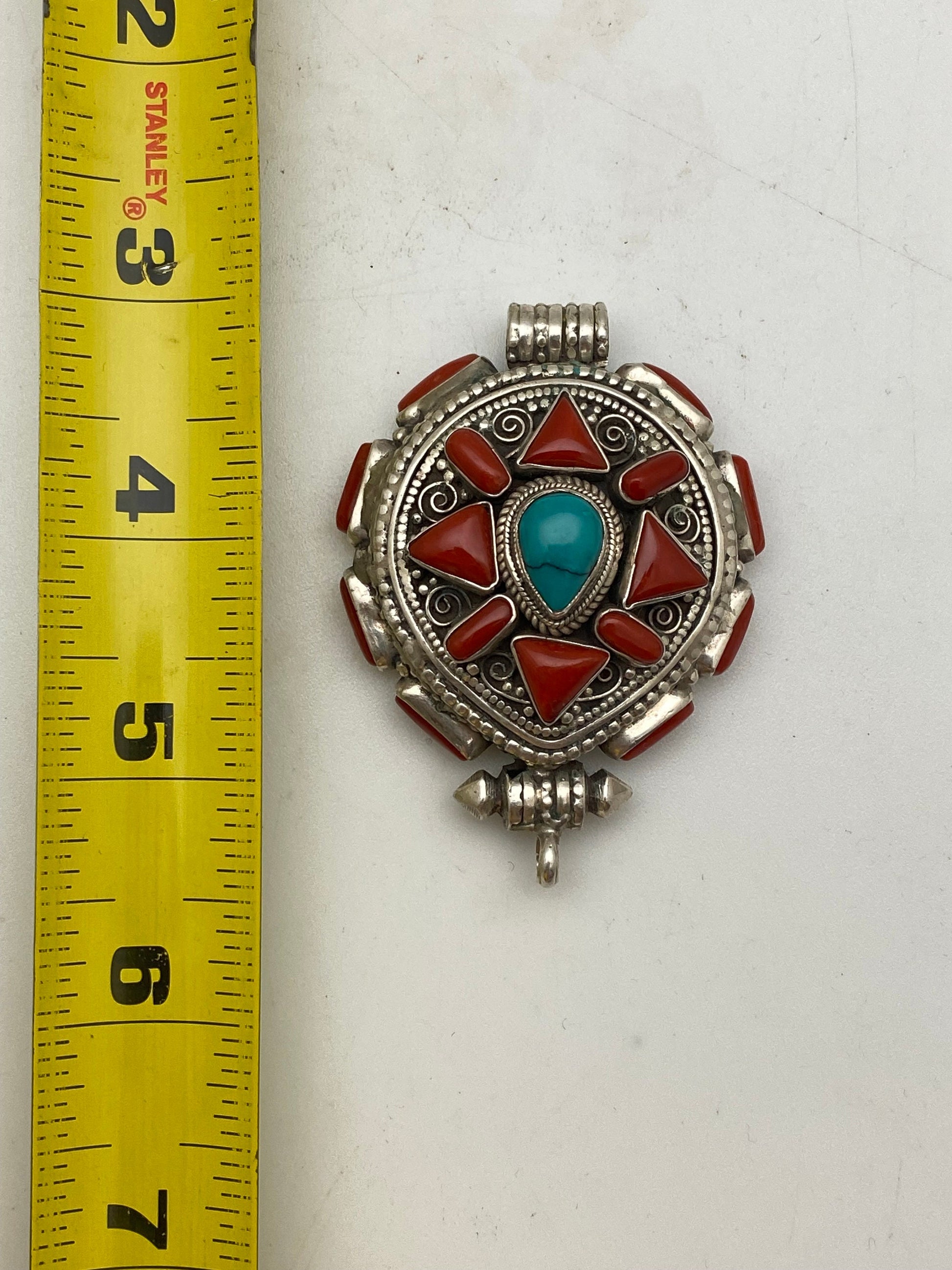 Coral & Turquoise Ghau Pendant: Handcrafted Sterling Silver Tibetan Prayer Box