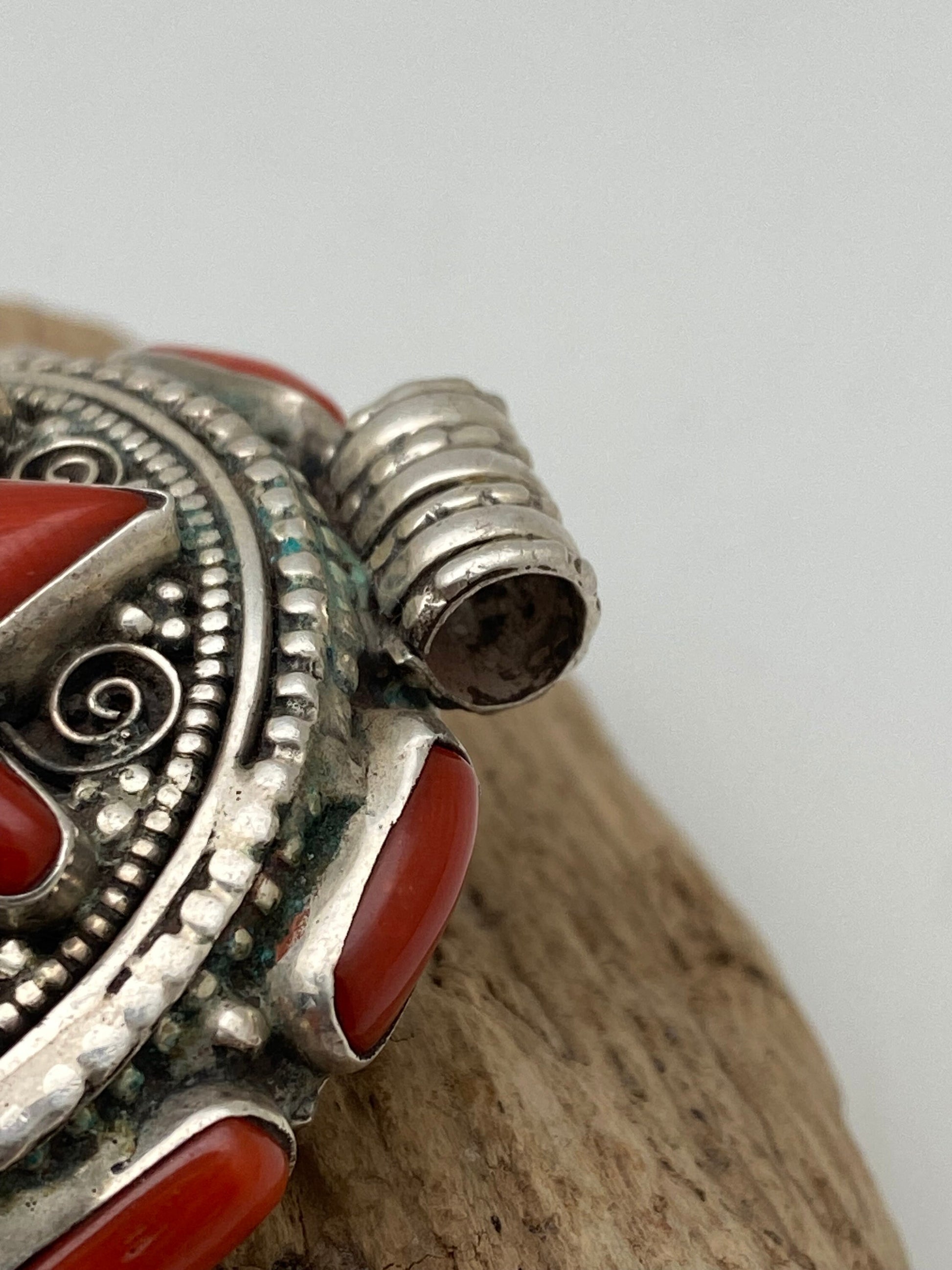 Coral & Turquoise Ghau Pendant: Handcrafted Sterling Silver Tibetan Prayer Box