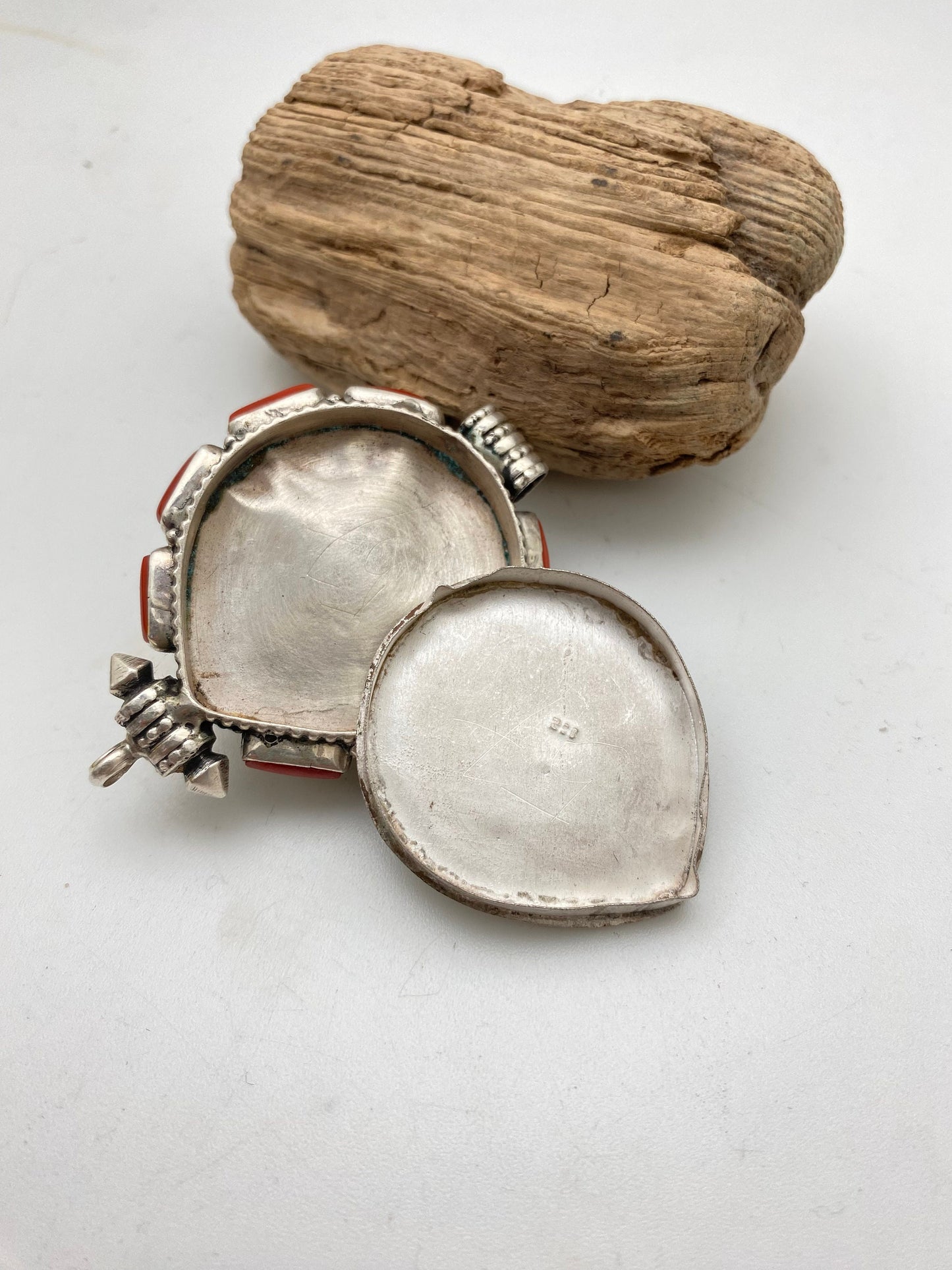 Coral & Turquoise Ghau Pendant: Handcrafted Sterling Silver Tibetan Prayer Box