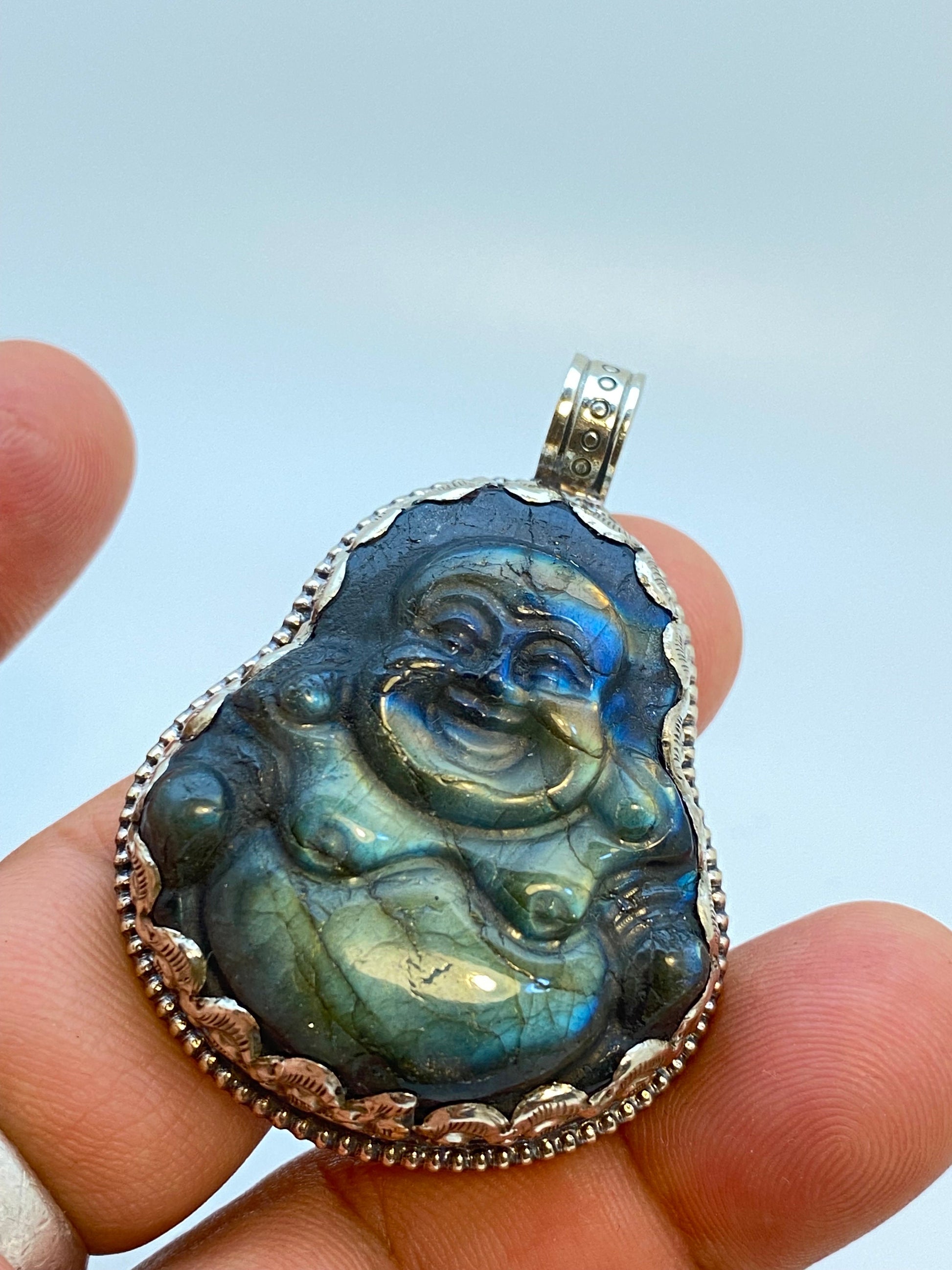 Labradorite laughing Buddha,Happy Buddha,Laughing Buddha,Tibetan silver, hand carved, hand crafted, ethnic,Himalayan,Nepal,Buddhist