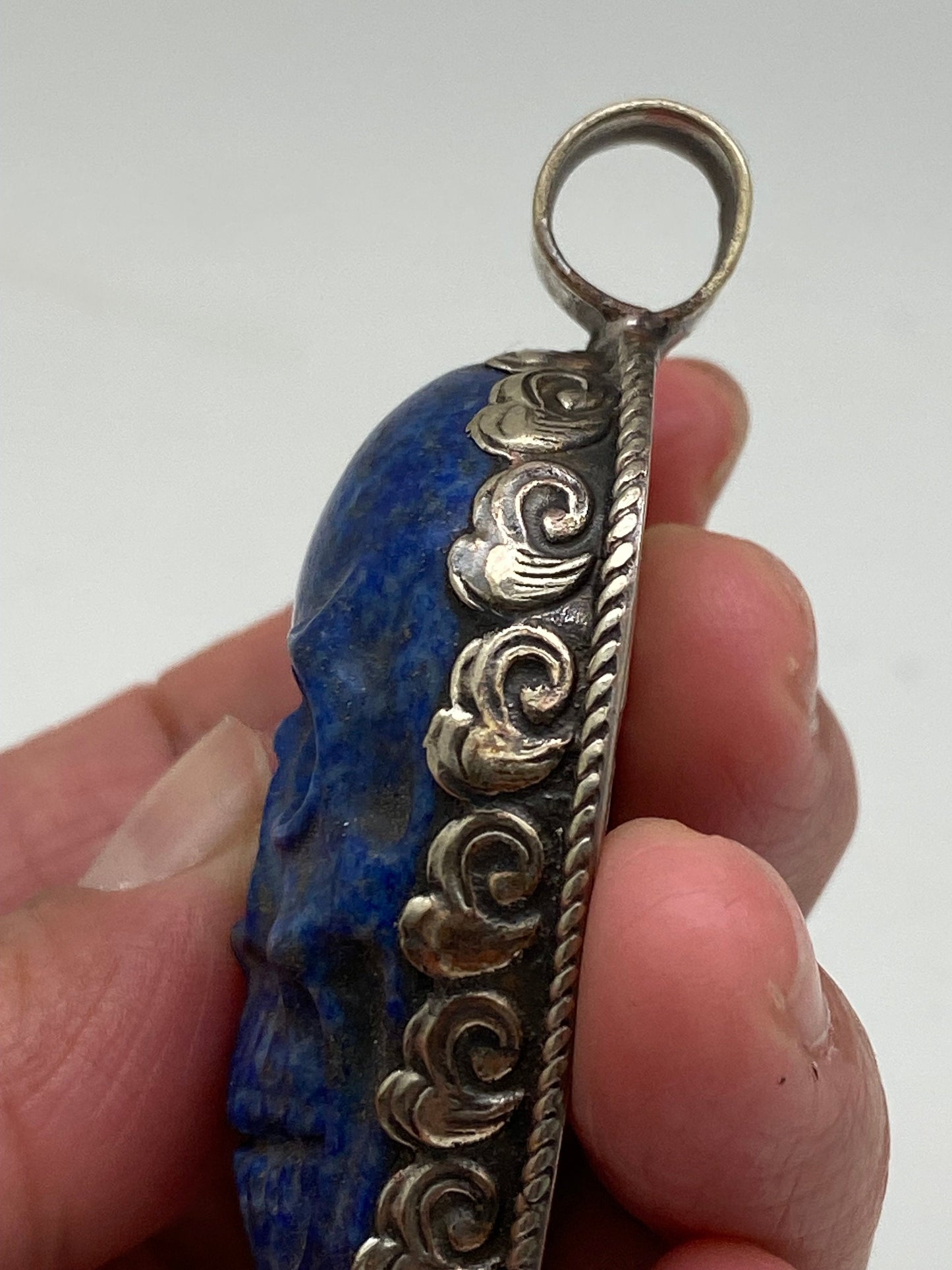 lapis lazuli skull pendant,tibetan silver, handcrafted,ethnic,tibetan design,Himalayan,Nepalese,