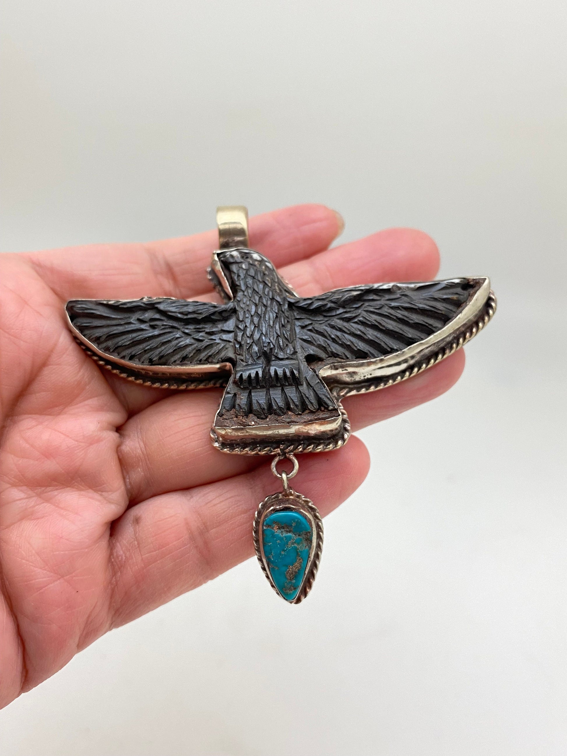 eagle pendant,bird pendant,turquoise, handcrafted,tibetan silver, bone carved, ethnic design,Tibetan design,Himalayan,Nepalese