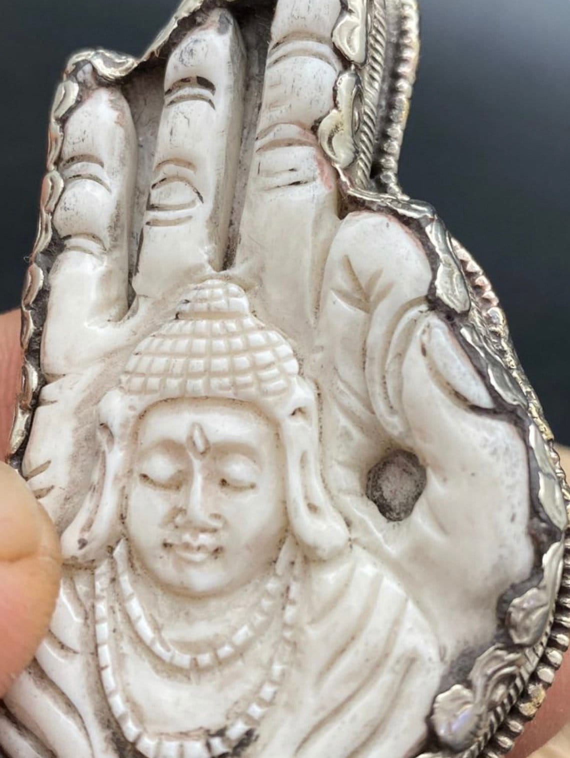 Bone Carved Buddha Hamsa Pendant: Tibetan Silver, Nepalese