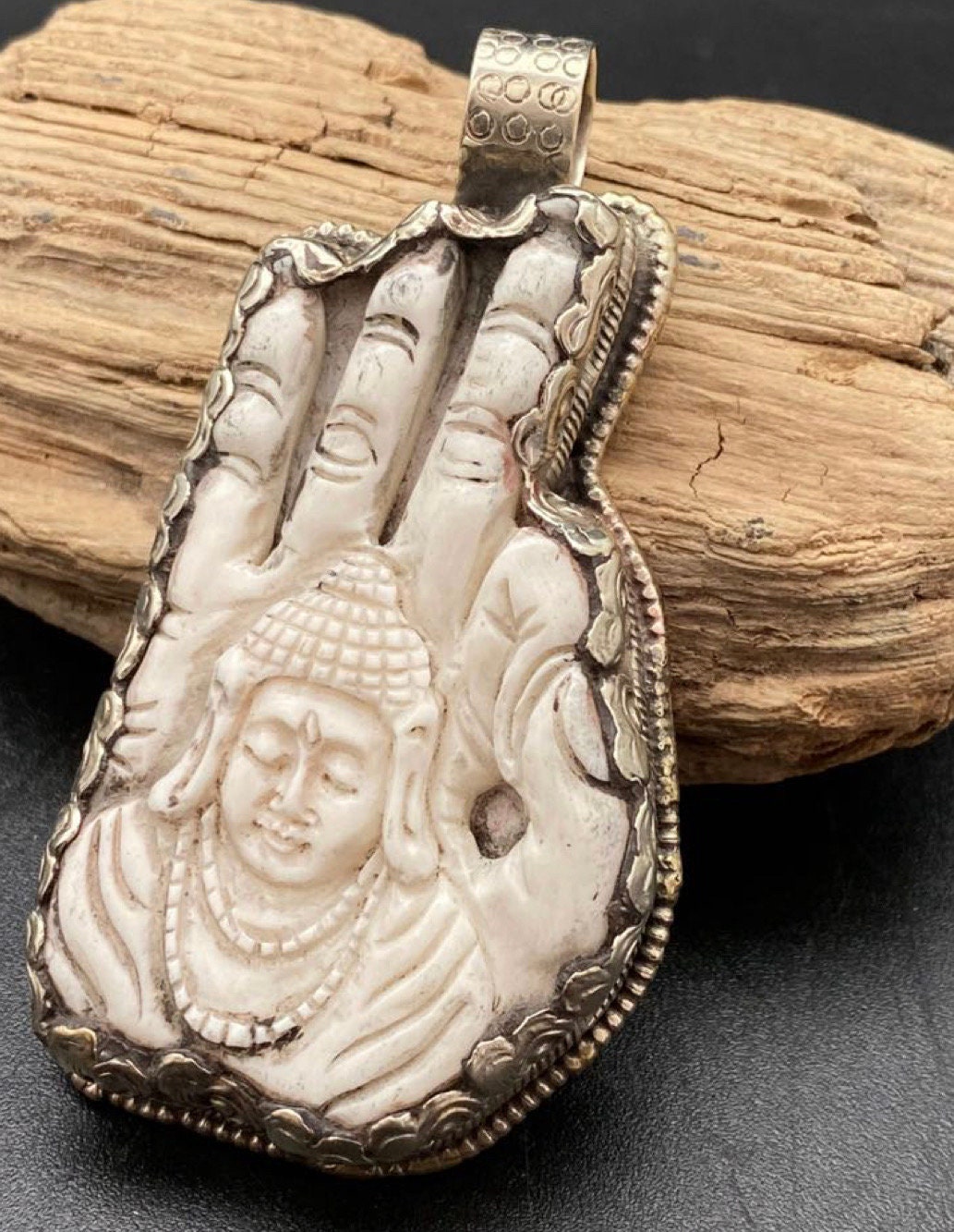 Bone Carved Buddha Hamsa Pendant: Tibetan Silver, Nepalese