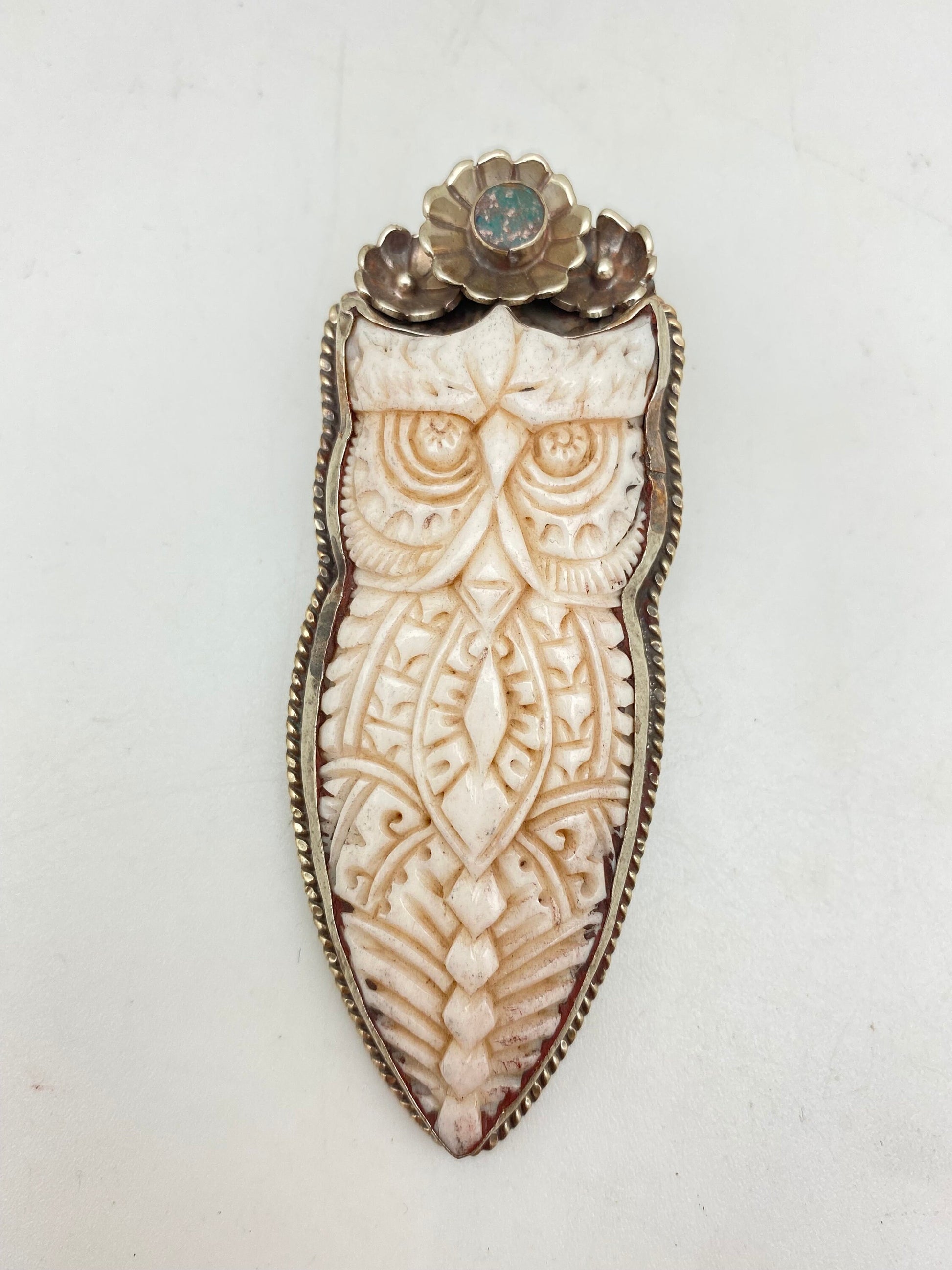 bone carved owl pendant,tibetan repousse silver,turquoise handcrafted,bird pendant,floral,Himalayan,Nepalese,Bohemian