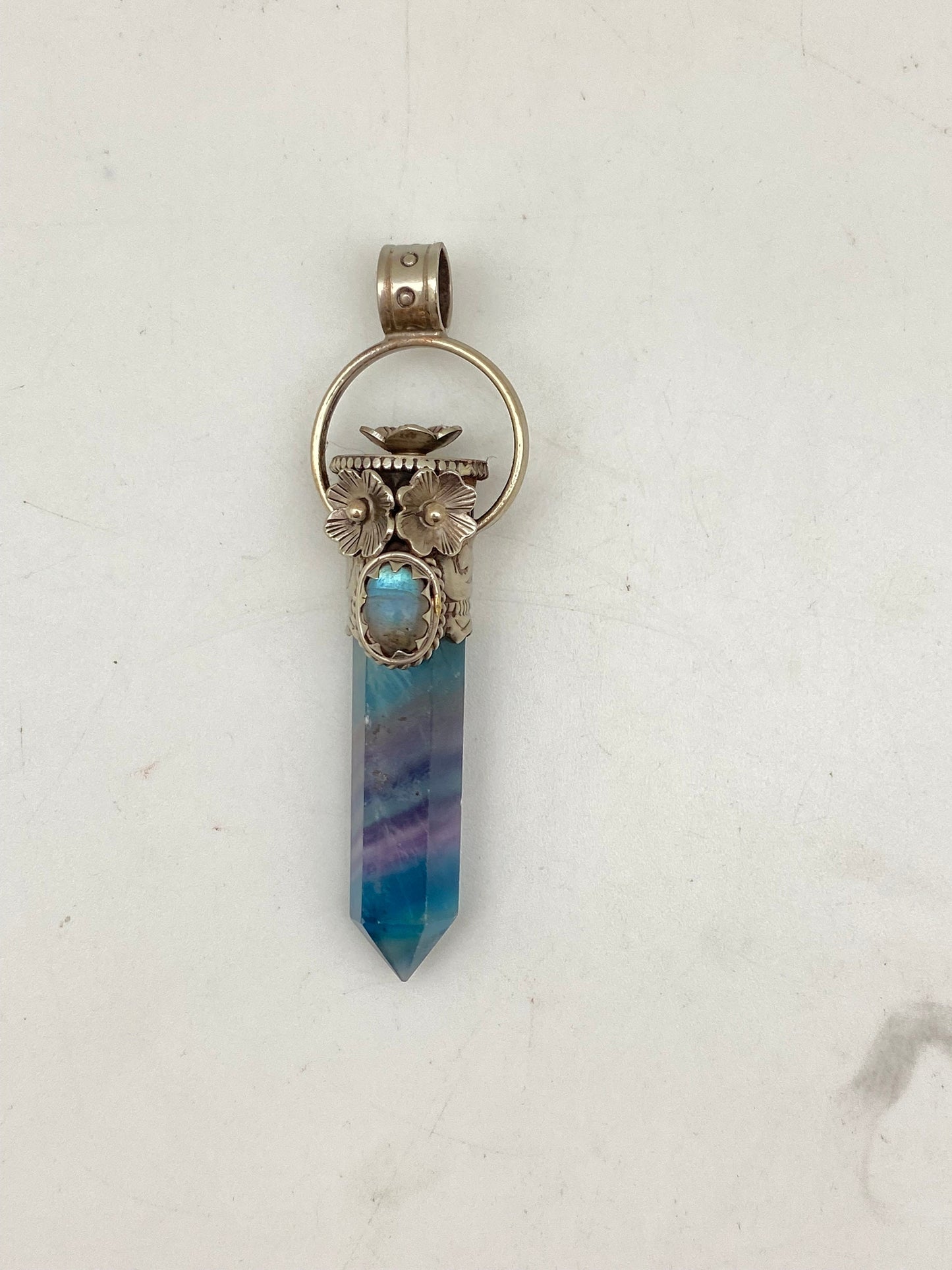 Fluorite point pendant, healing sone, set with labradorite,tibetan repousse silver,floral,handcrafted,Himalayan,Nepalese,