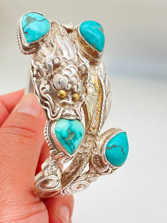 large dragon bracelet,bangle ,turquoise,handcrafted,sterling silver,himalayan,Nepalese,Tibetan design,ethnic