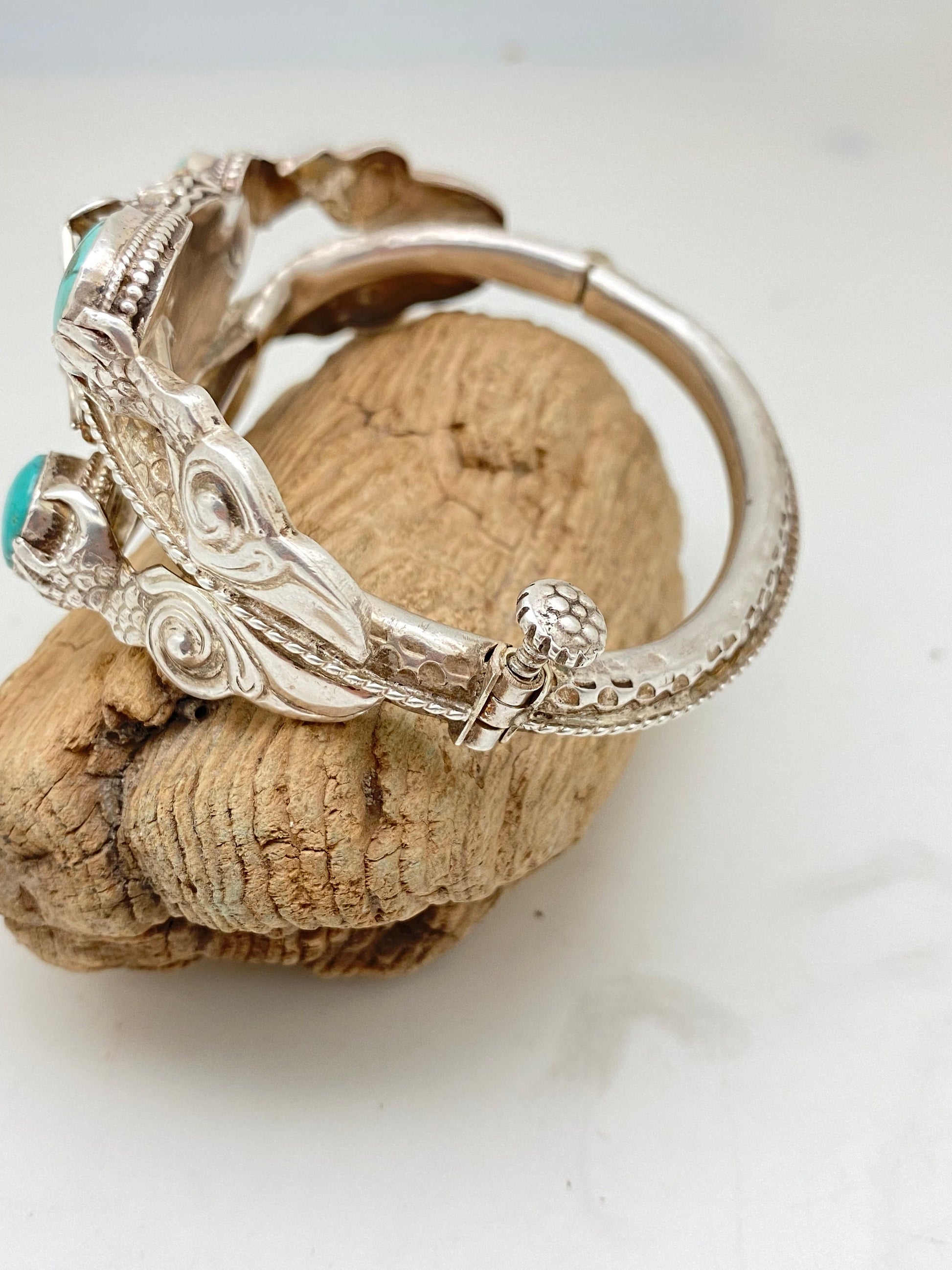 large dragon bracelet,bangle ,turquoise,handcrafted,sterling silver,himalayan,Nepalese,Tibetan design,ethnic