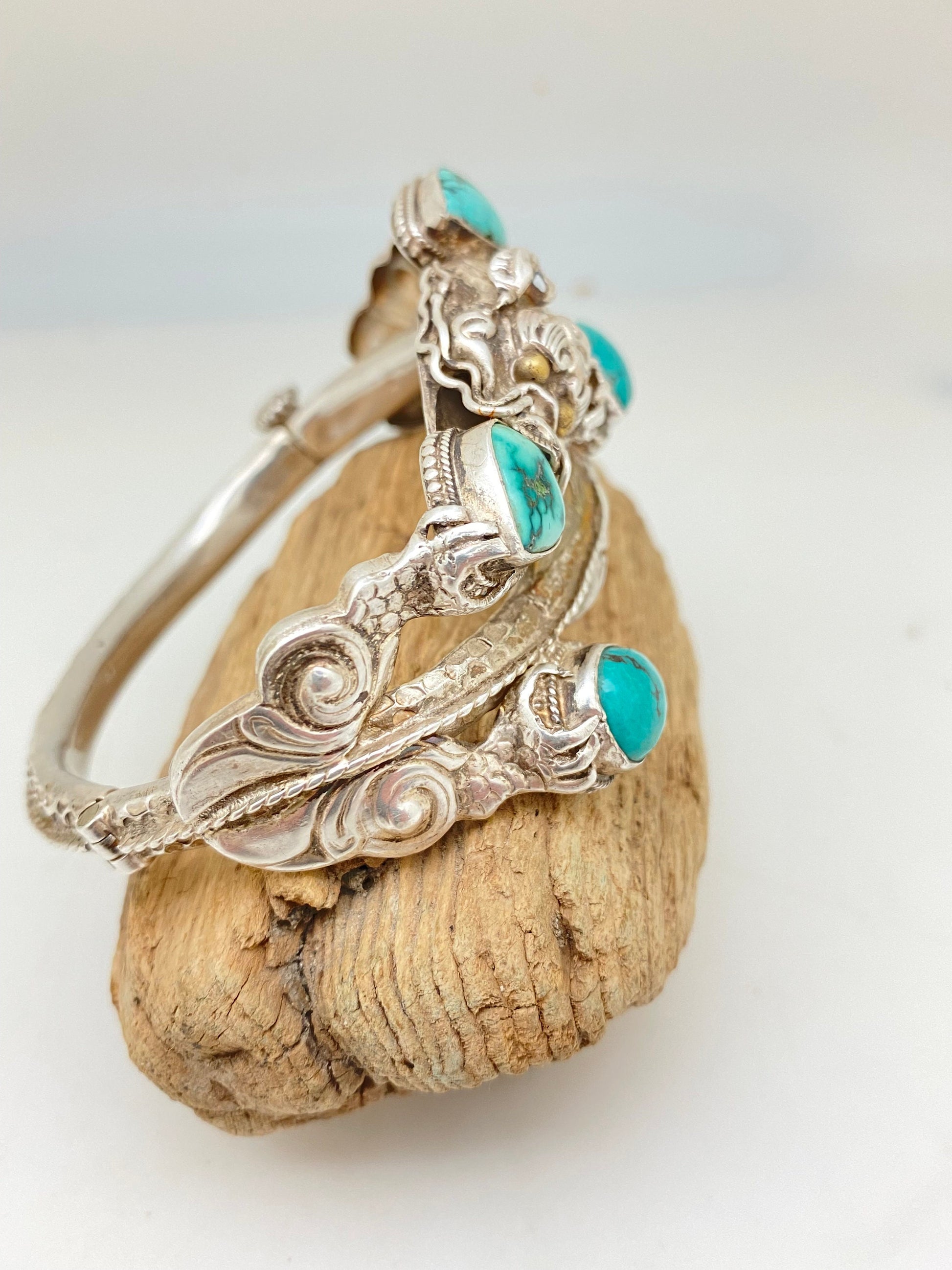 large dragon bracelet,bangle ,turquoise,handcrafted,sterling silver,himalayan,Nepalese,Tibetan design,ethnic