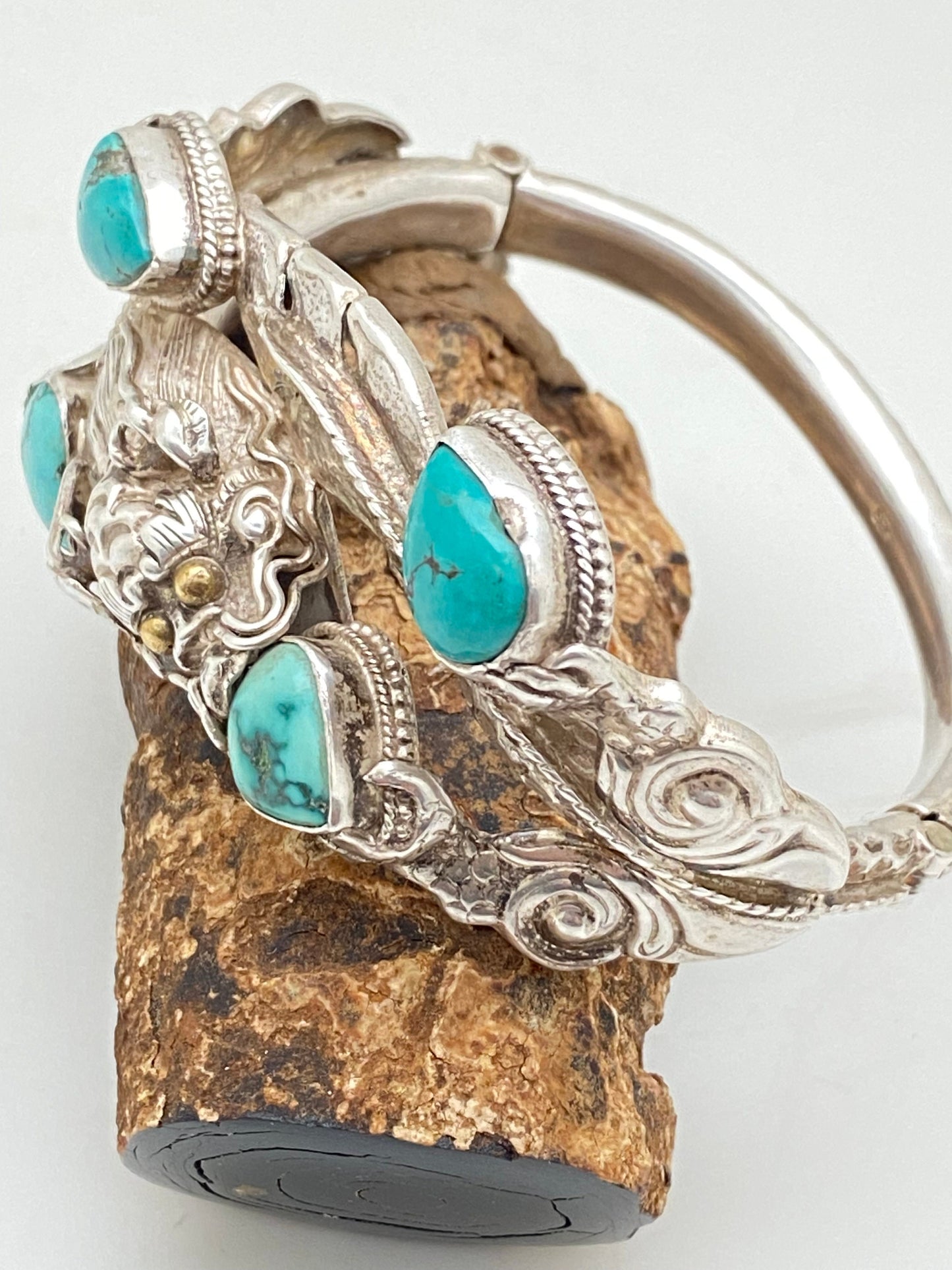 large dragon bracelet,bangle ,turquoise,handcrafted,sterling silver,himalayan,Nepalese,Tibetan design,ethnic