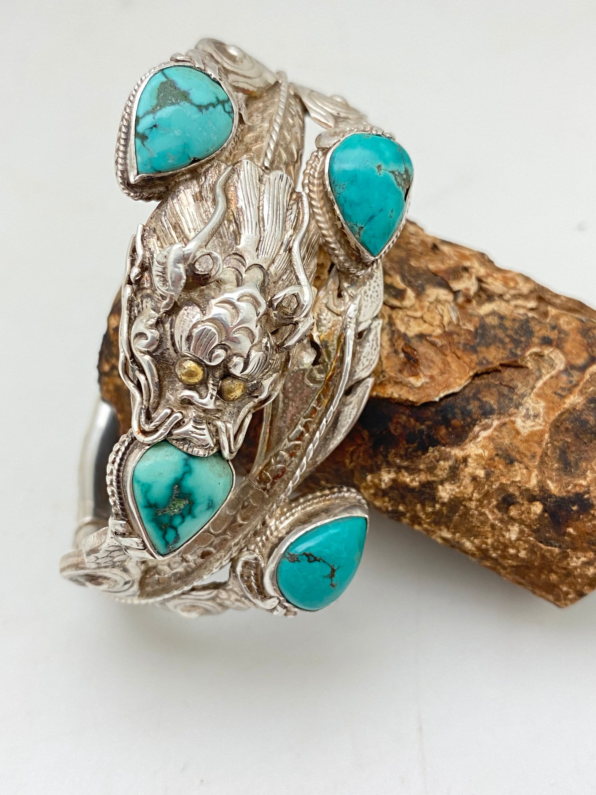 large dragon bracelet,bangle ,turquoise,handcrafted,sterling silver,himalayan,Nepalese,Tibetan design,ethnic