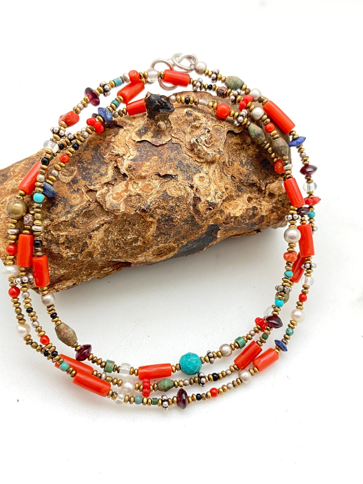 natural turquoise, coral,lapis,agate beads mala,necklace,sterling silver,tibetan turquoise,Himalayan,Nepalese,