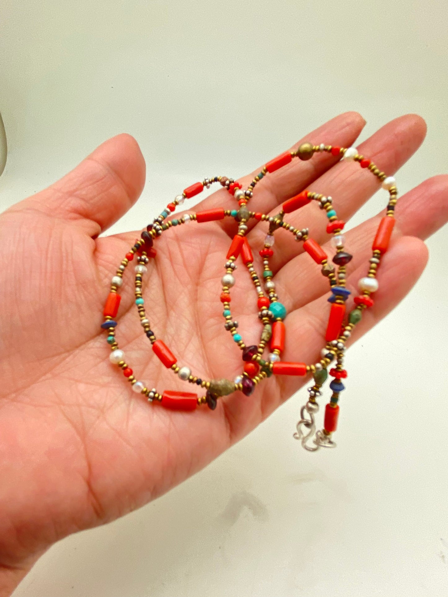 natural turquoise, coral,lapis,agate beads mala,necklace,sterling silver,tibetan turquoise,Himalayan,Nepalese,