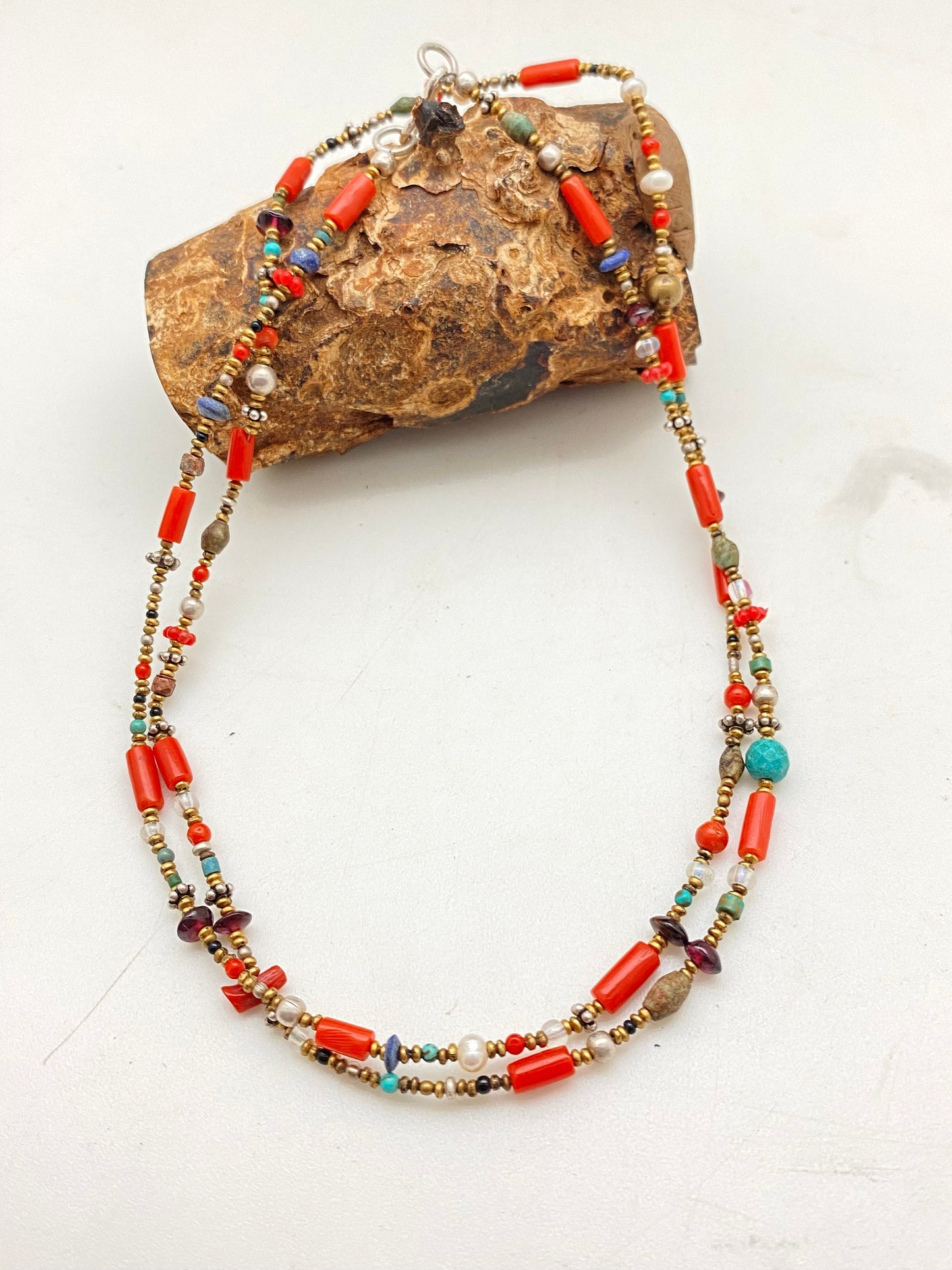 natural turquoise, coral,lapis,agate beads mala,necklace,sterling silver,tibetan turquoise,Himalayan,Nepalese,