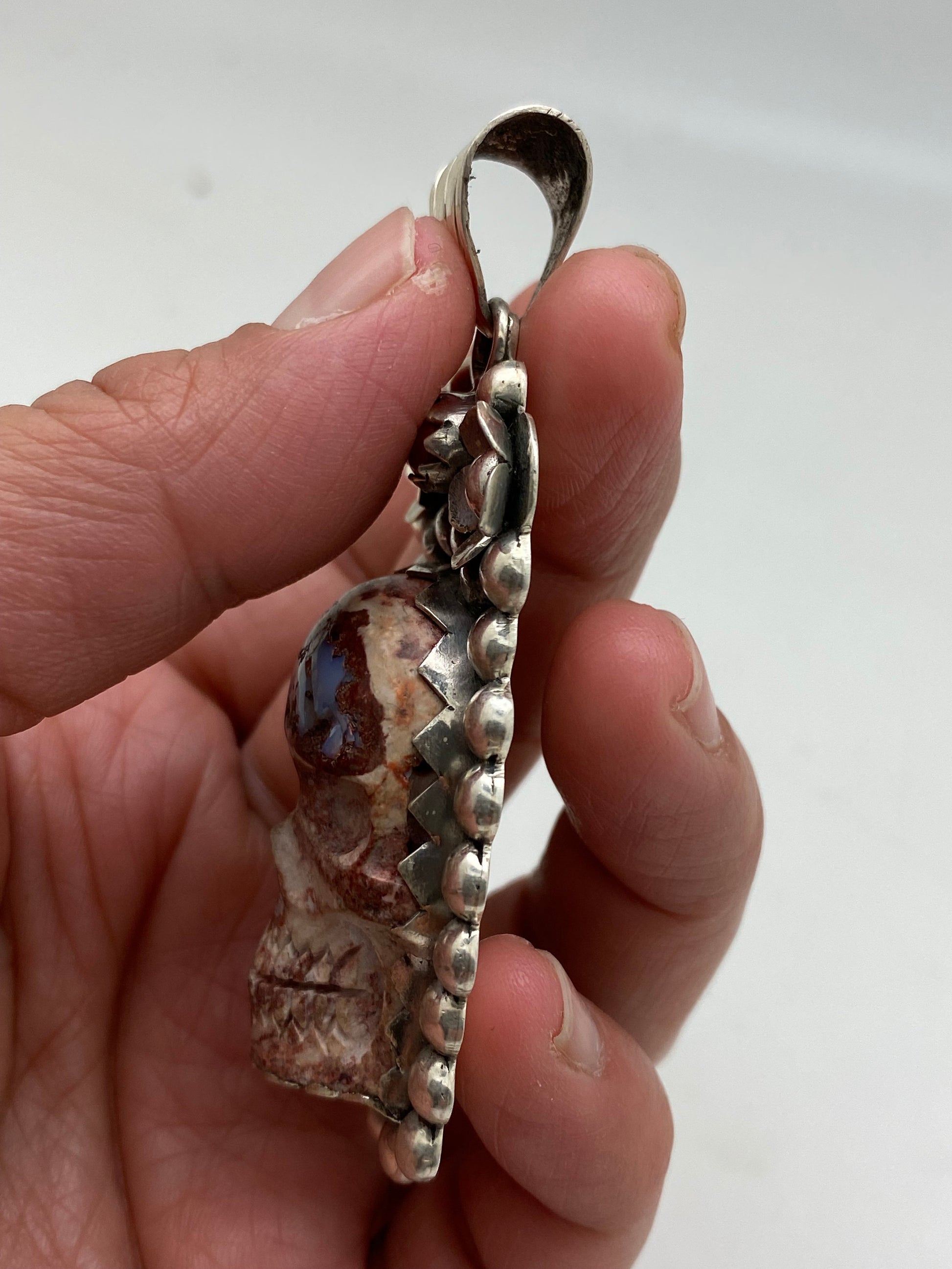 Opal skull, pendant set with coral,mexican opal, sterling silver,floral,handcrafted,Himalayan,Nepalese,floral