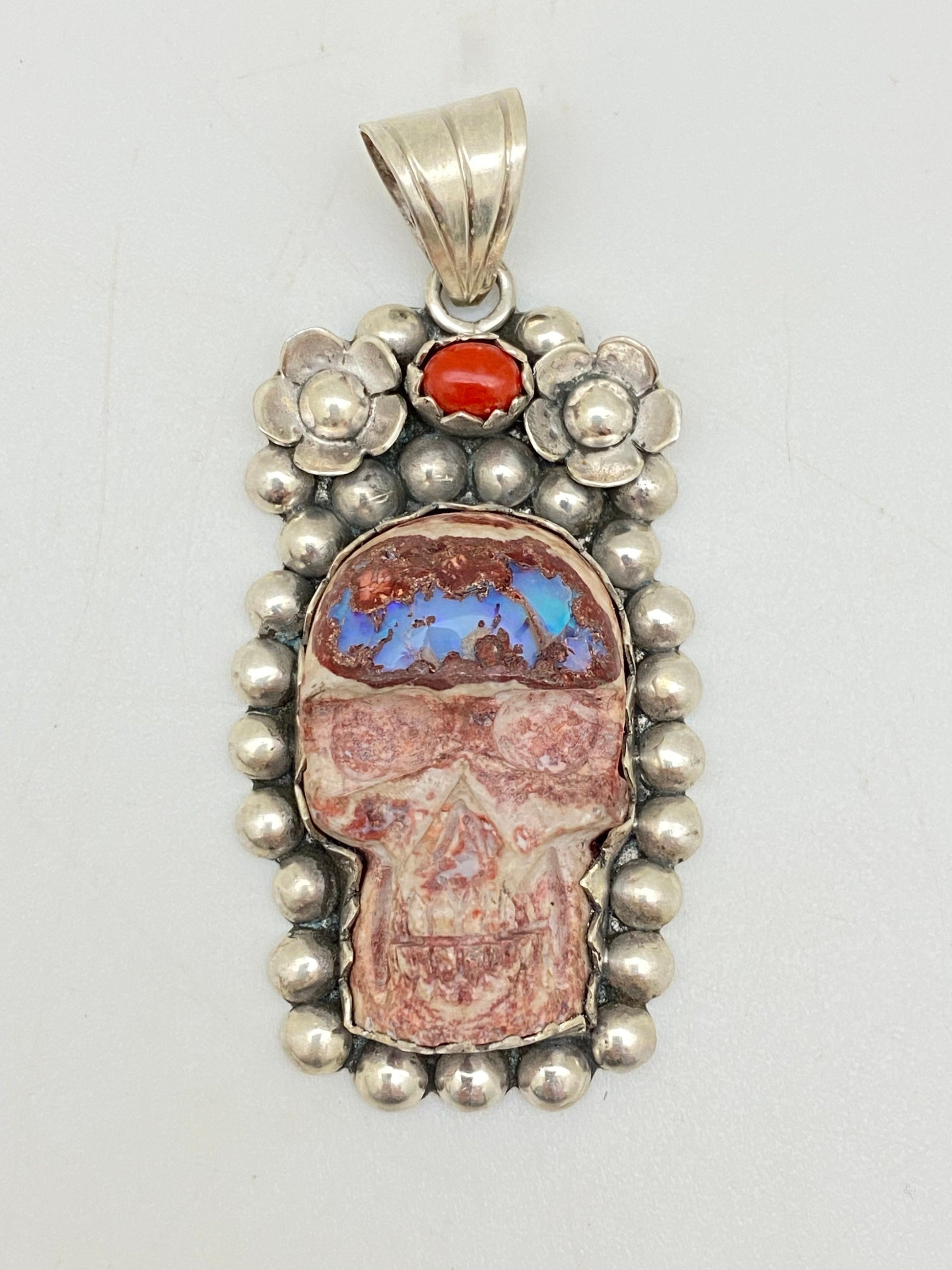 Opal skull, pendant set with coral,mexican opal, sterling silver,floral,handcrafted,Himalayan,Nepalese,floral