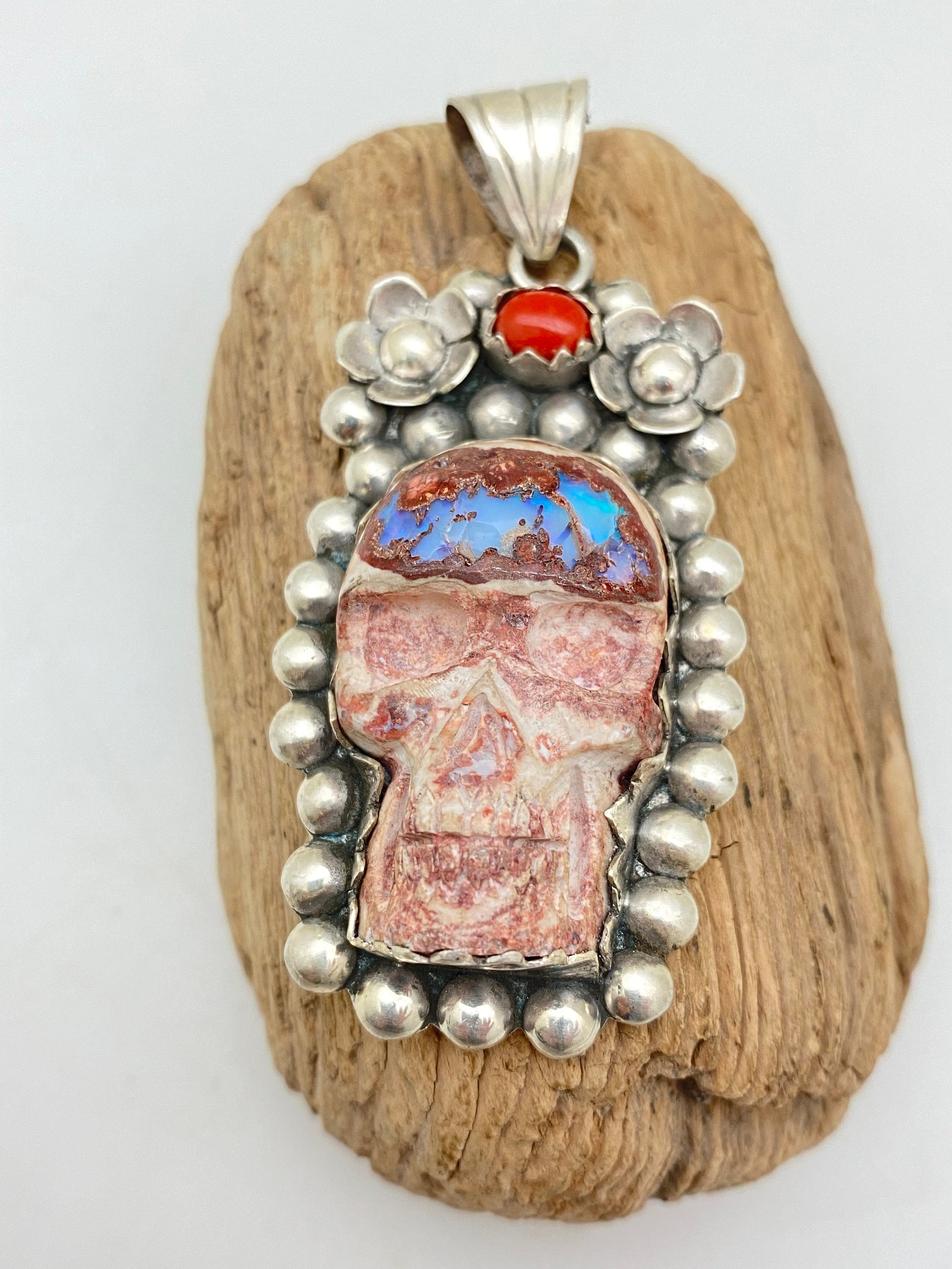 Opal skull, pendant set with coral,mexican opal, sterling silver,floral,handcrafted,Himalayan,Nepalese,floral