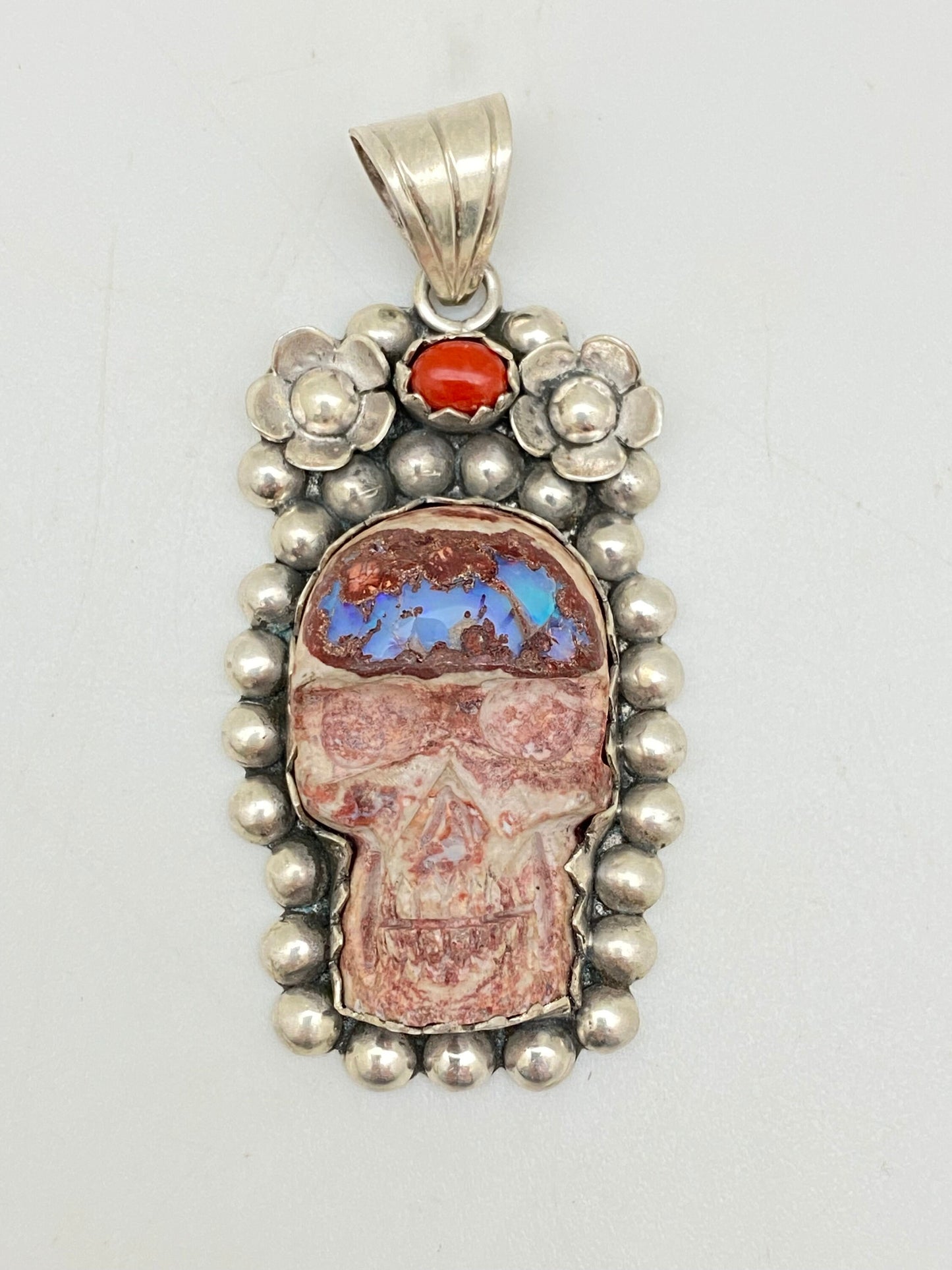 Opal skull, pendant set with coral,mexican opal, sterling silver,floral,handcrafted,Himalayan,Nepalese,floral