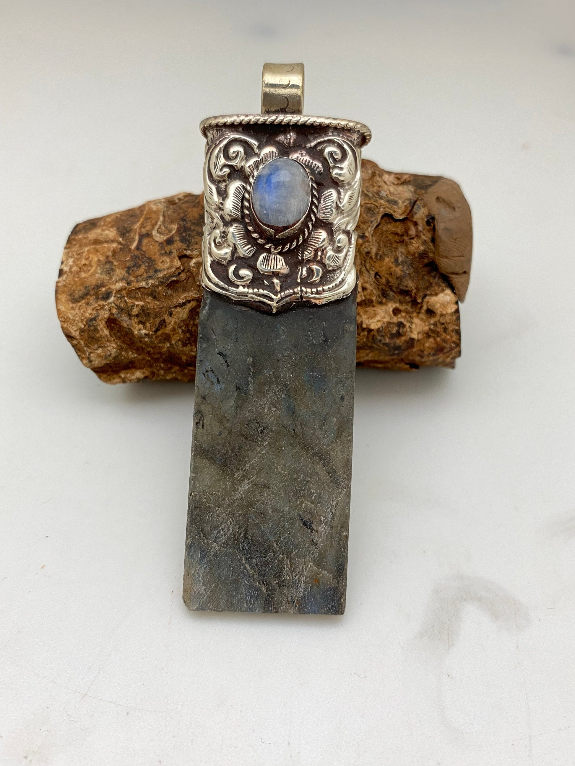 labradorite pendant, moon stone, handcrafted,tibetan repousse silver, ethnic,tibetan design,Himalayan,Nepalese