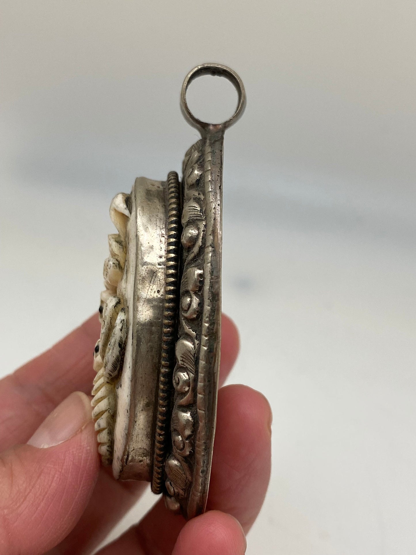 Bone carved bee pendant, two bee pendant,tibetan silver, handcrafted,ethnic design,tibetan design,Hiumalayan,tibetan silver