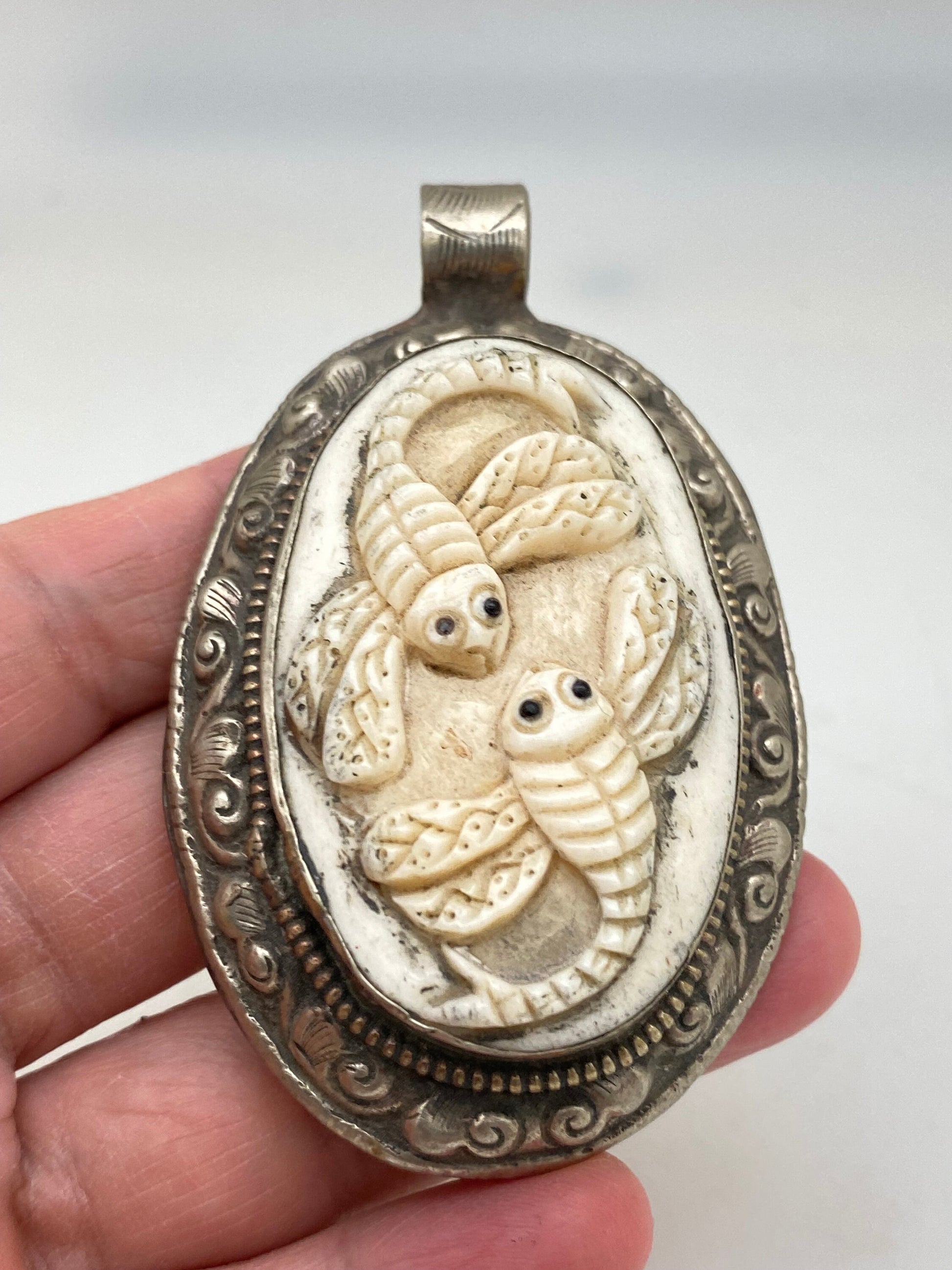 Bone carved bee pendant, two bee pendant,tibetan silver, handcrafted,ethnic design,tibetan design,Hiumalayan,tibetan silver