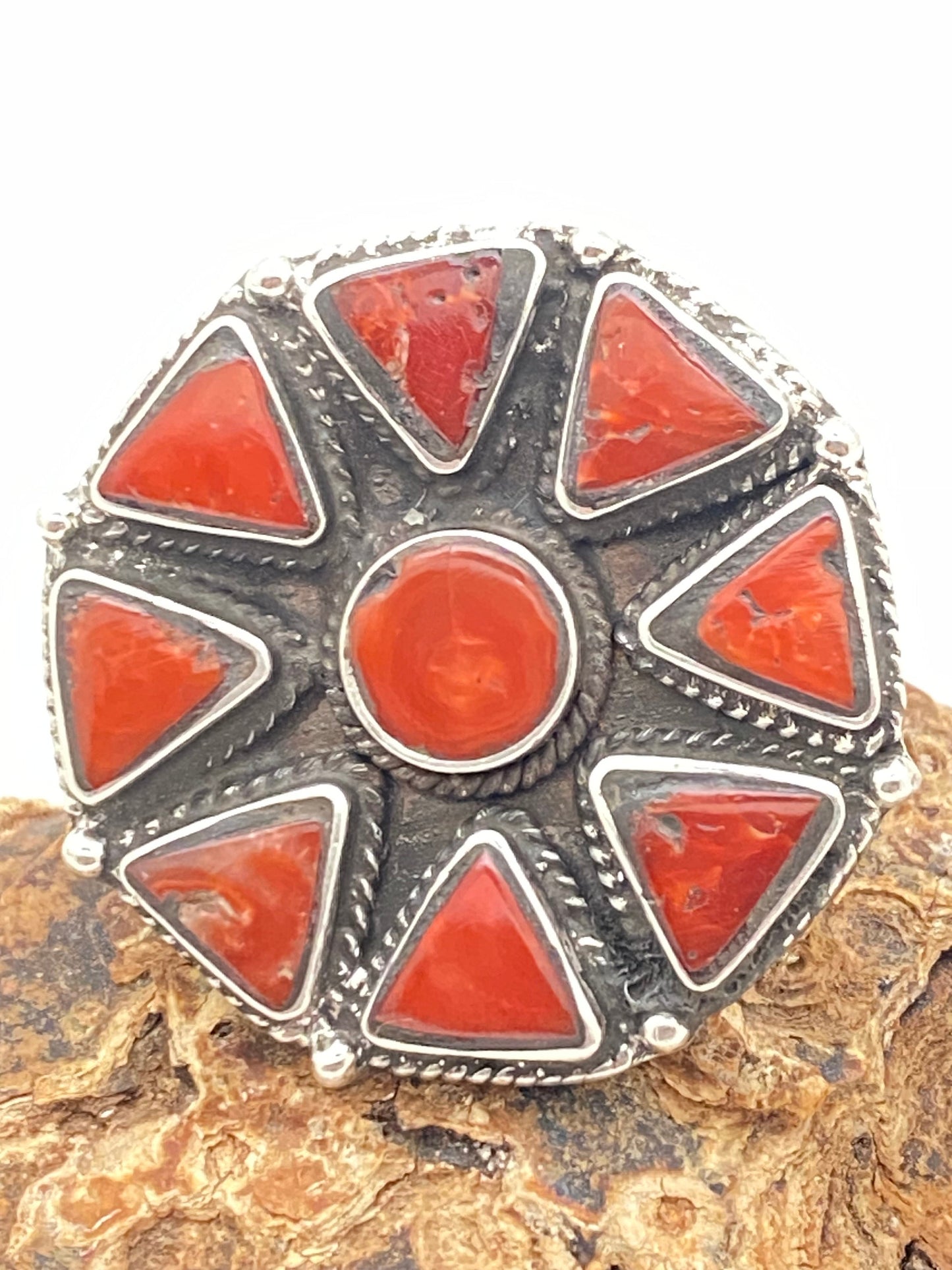 coral ring,handcrafted,sterling silver,Himalayan,Nepalese,ethnic style,floral design,adjustable