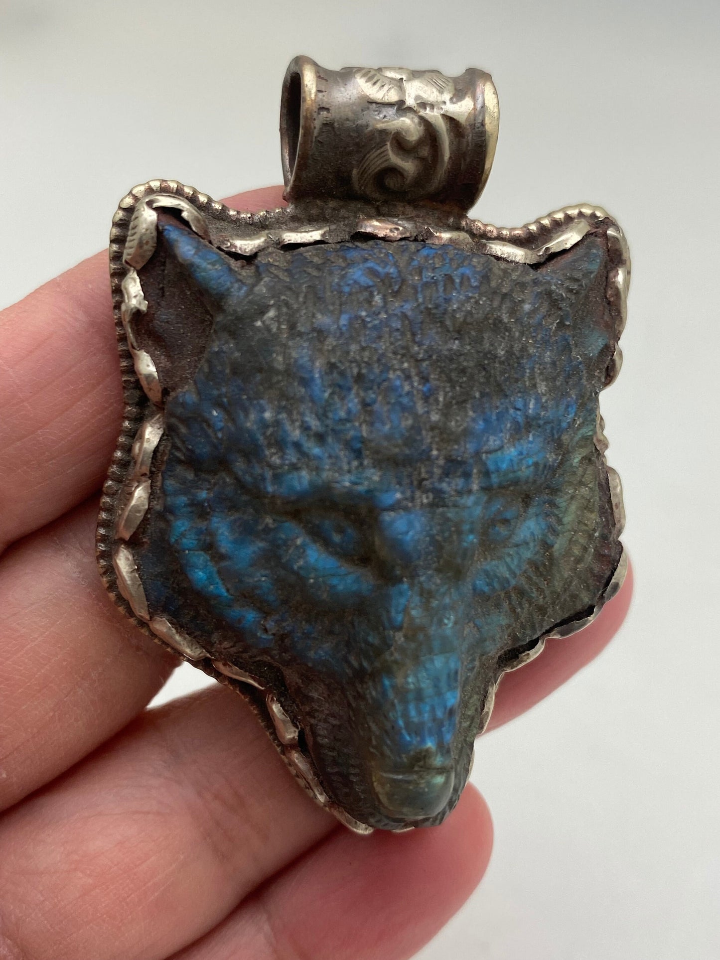 labradorite carved bear pendant,animal pendant, handcrafted,tibetan silver, animal lover,ethnic,Tibetan design,Himalayan,Nepalese,