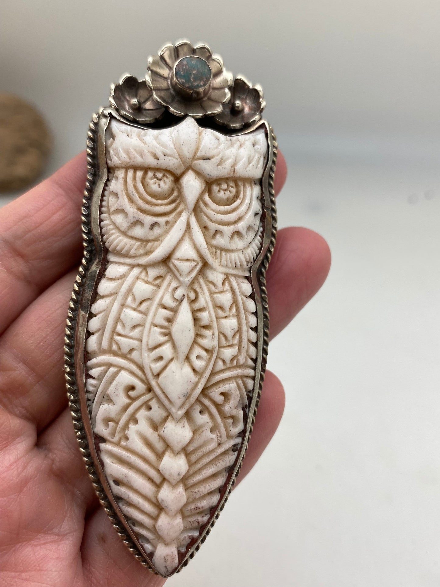 bone carved owl pendant,tibetan repousse silver,turquoise handcrafted,bird pendant,floral,Himalayan,Nepalese,Bohemian