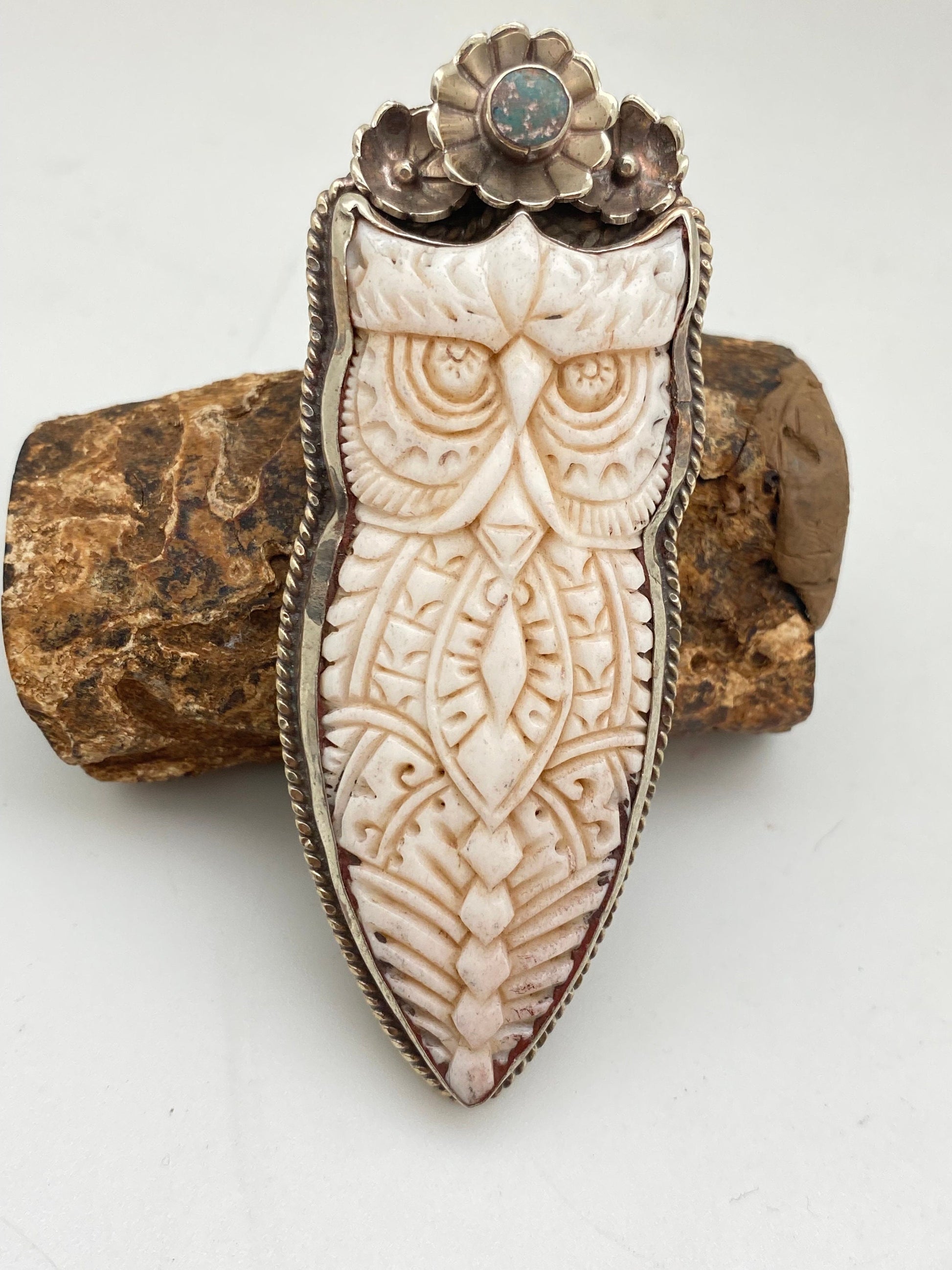 bone carved owl pendant,tibetan repousse silver,turquoise handcrafted,bird pendant,floral,Himalayan,Nepalese,Bohemian