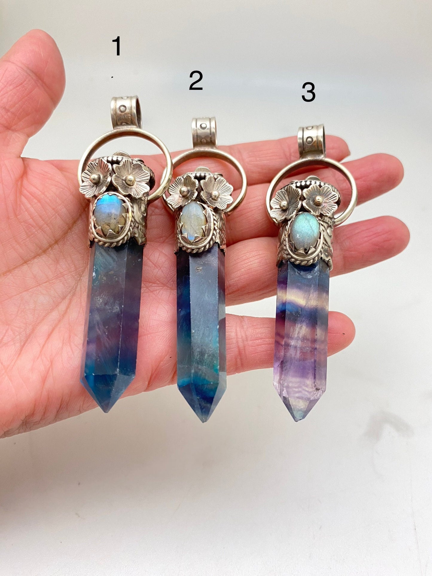 Fluorite point pendant, healing sone, set with labradorite,tibetan repousse silver,floral,handcrafted,Himalayan,Nepalese,