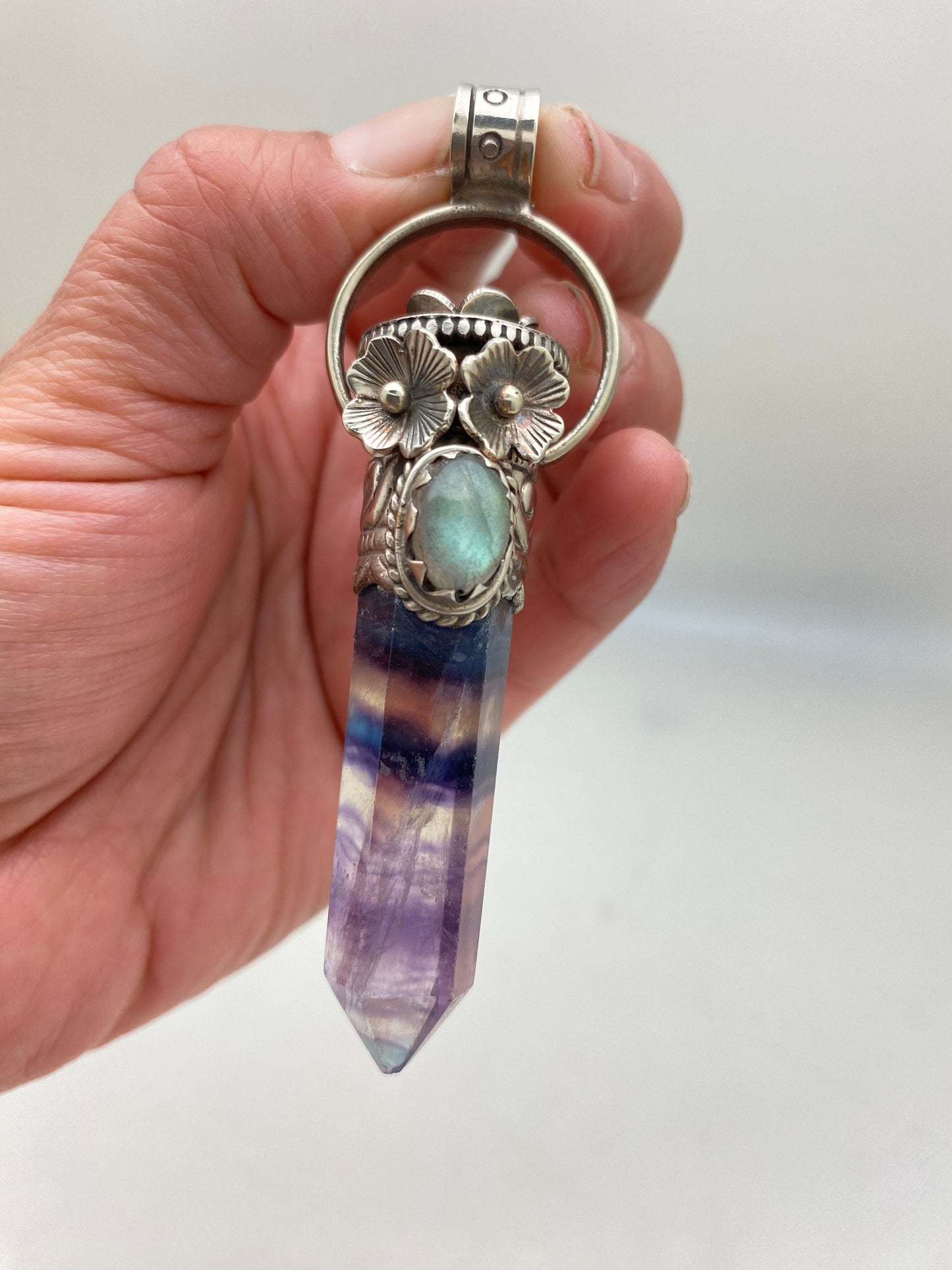 Fluorite point pendant, healing sone, set with labradorite,tibetan repousse silver,floral,handcrafted,Himalayan,Nepalese,