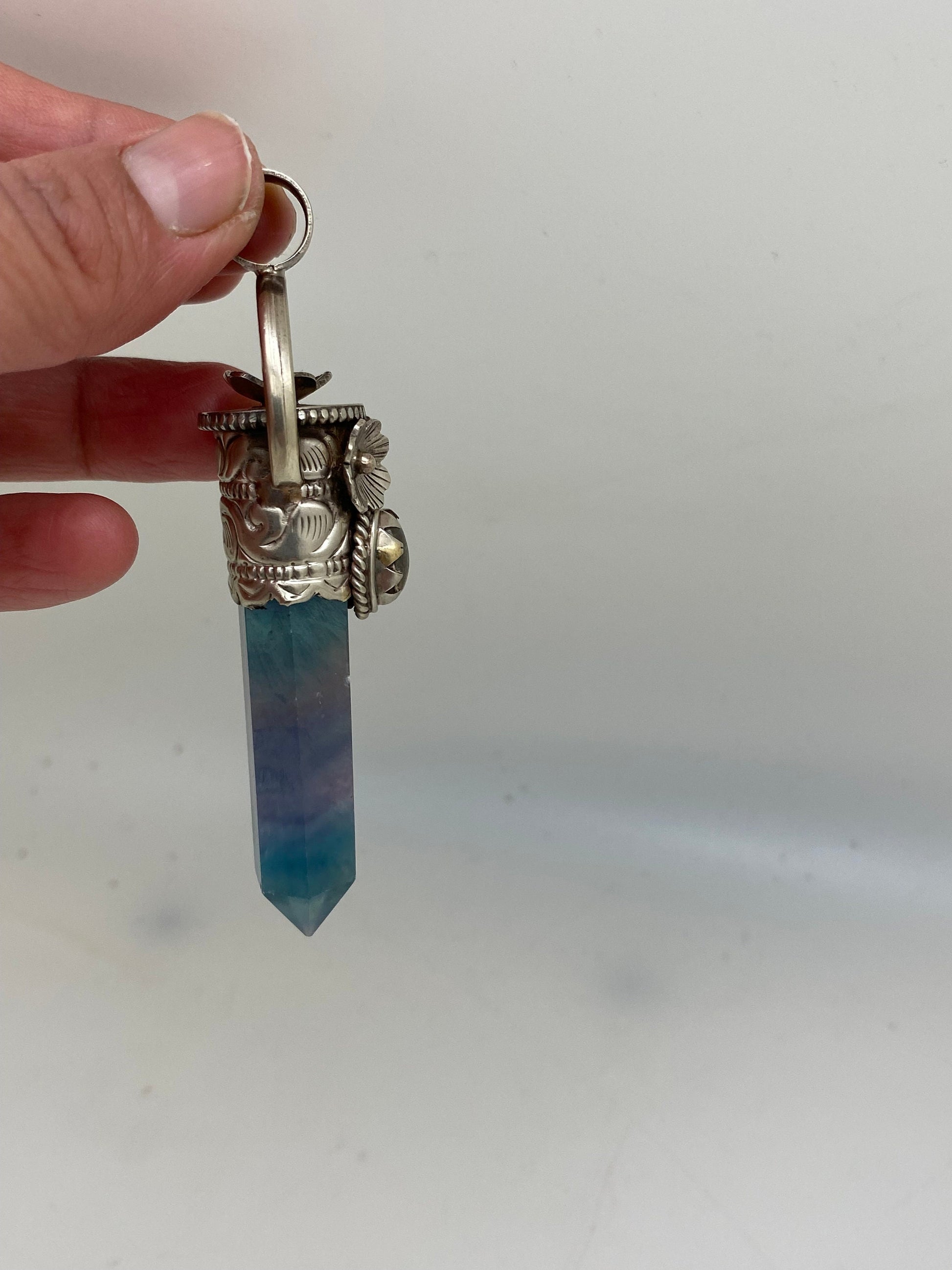 Fluorite point pendant, healing sone, set with labradorite,tibetan repousse silver,floral,handcrafted,Himalayan,Nepalese,