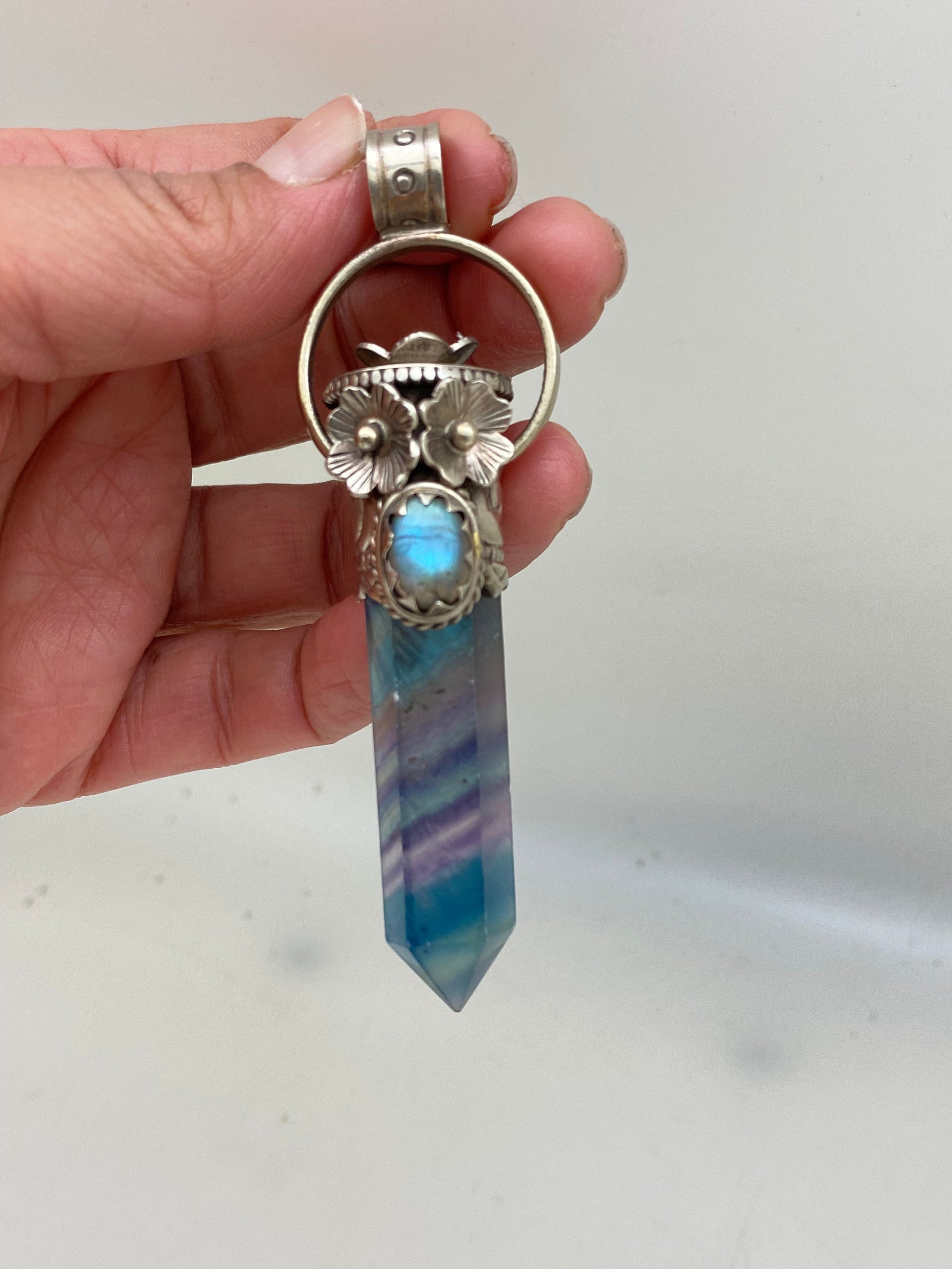 Fluorite point pendant, healing sone, set with labradorite,tibetan repousse silver,floral,handcrafted,Himalayan,Nepalese,